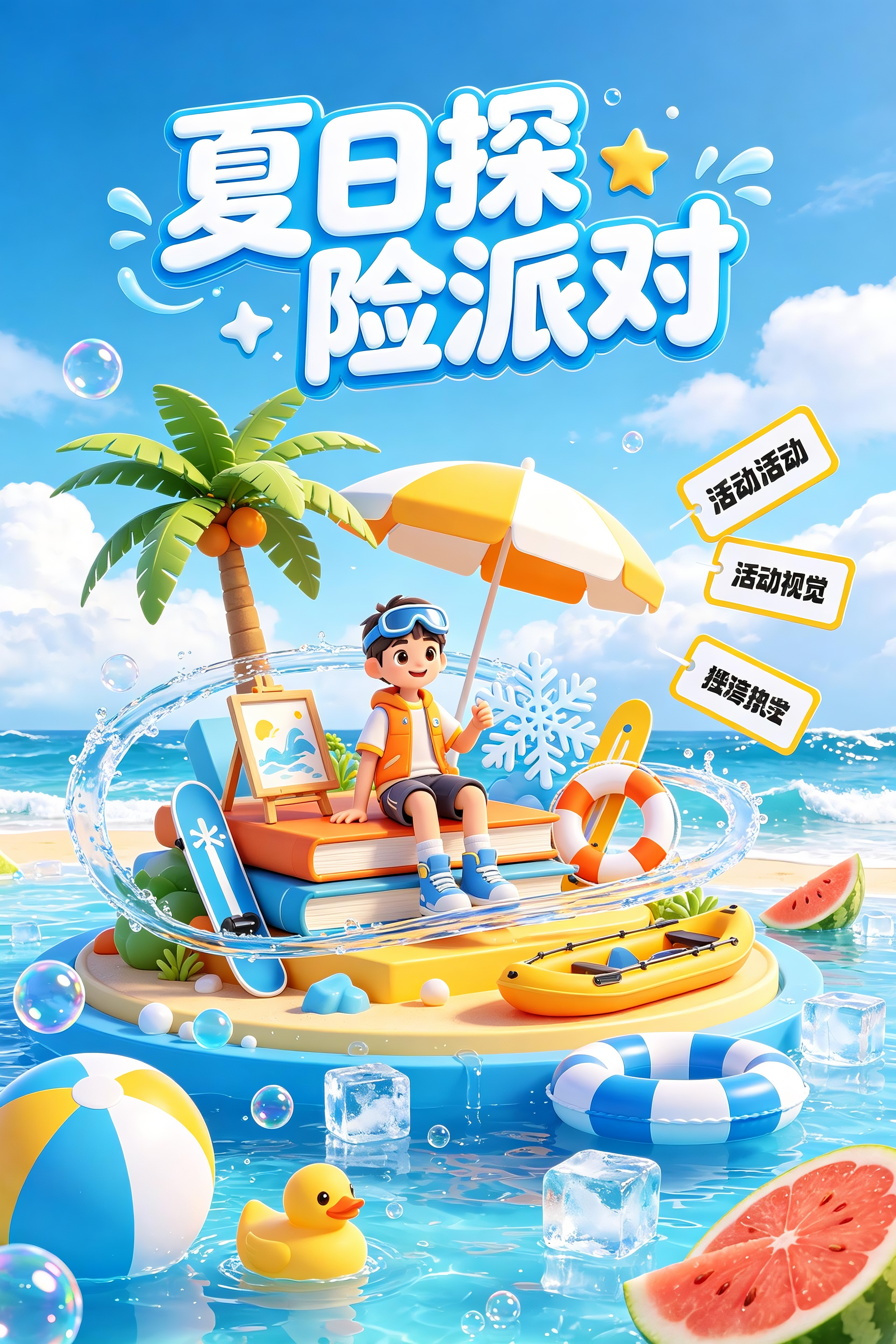 夏季活动KV海报，3D潮玩玩具风格，高饱和清爽配色，天空蓝、亮黄色、白色、橙色点缀，顶部超大立体中文标题“夏日探险派对”，白色厚重3D泡泡字，蓝色描边，字形微微倾斜，带水花喷溅和星星装饰。画面中心是一个由各种设计元素构… - AI提示词参考图，来自西西提示词