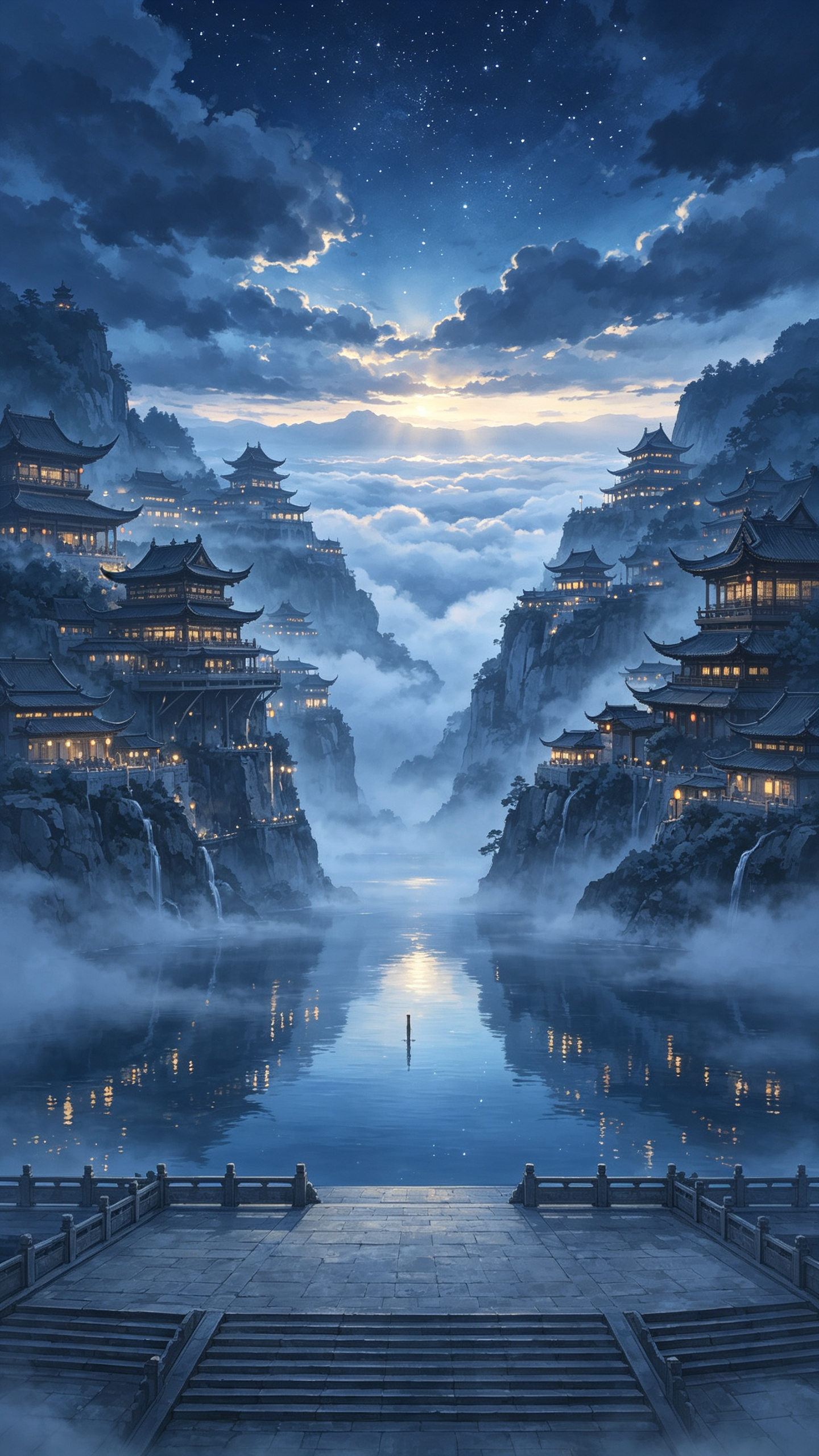 ##用现实中国水彩画风格，暗灰蓝色的色调。未来中国古风悬崖山城，建筑群依天然石壁层级而建，风格古朴典雅、形态错落灵动，种类丰富，自山麓至峰顶皆有楼阁。整体布局暗合风水原则：背山面虚，藏风聚气；建筑轮廓顺应山势龙脉，重要… - AI提示词参考图，来自西西提示词