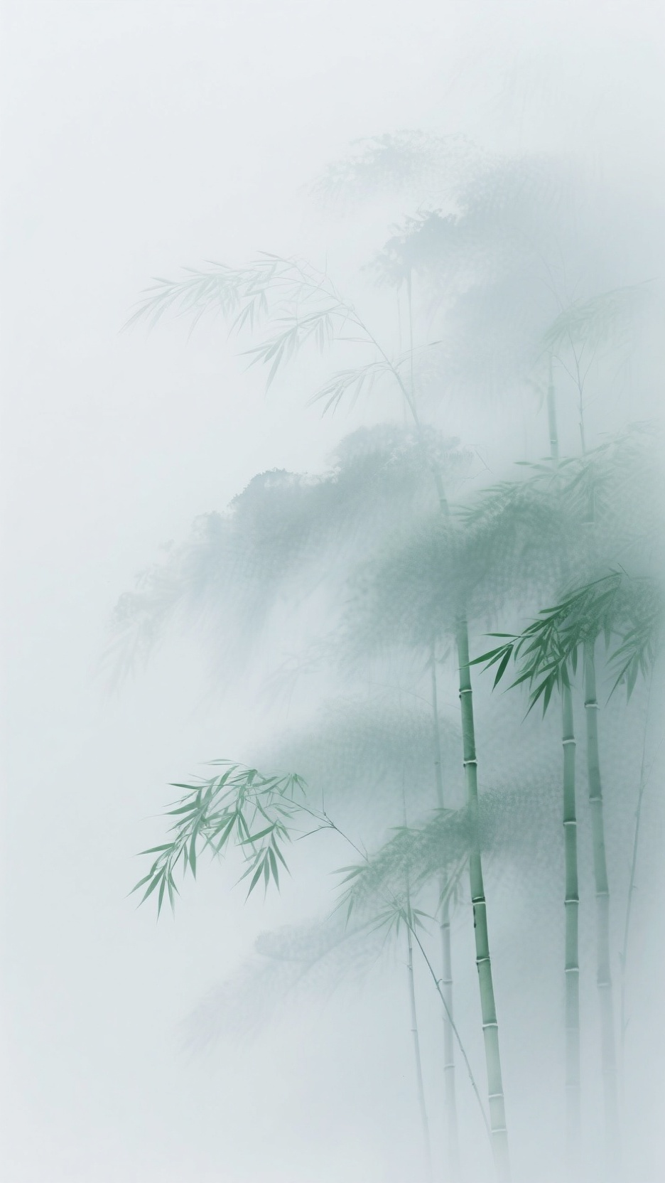水彩效果，主题青灰色渐变浅灰色渐变白，背景空濛，暗朦，远近虚实交叠，水墨晕染营造光影，极简主义风格，极简构图，淡雅色调调和，白色浓雾，画面交叠，高低错落。特写近景，翠绿色竹林，风吹摇摆，动态模糊，边沿模糊，多重曝光，高… - AI提示词参考图，来自西西提示词