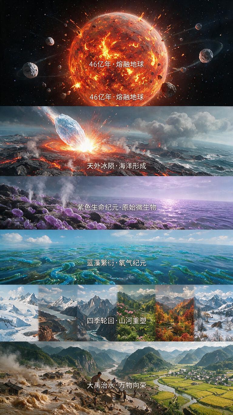 -15s 熔融原始地球 深空远景，小行星、原始月球环绕赤红熔融星球，地表翻涌滚烫岩浆，陨石不断坠落，无海洋、无蓝天，整体红橙炽热；镜头缓慢环绕推进 旁白：46 亿年前地球诞生，星际碰撞造就岩浆遍布的炽热星球，碎石与卫星… - AI提示词参考图，来自西西提示词