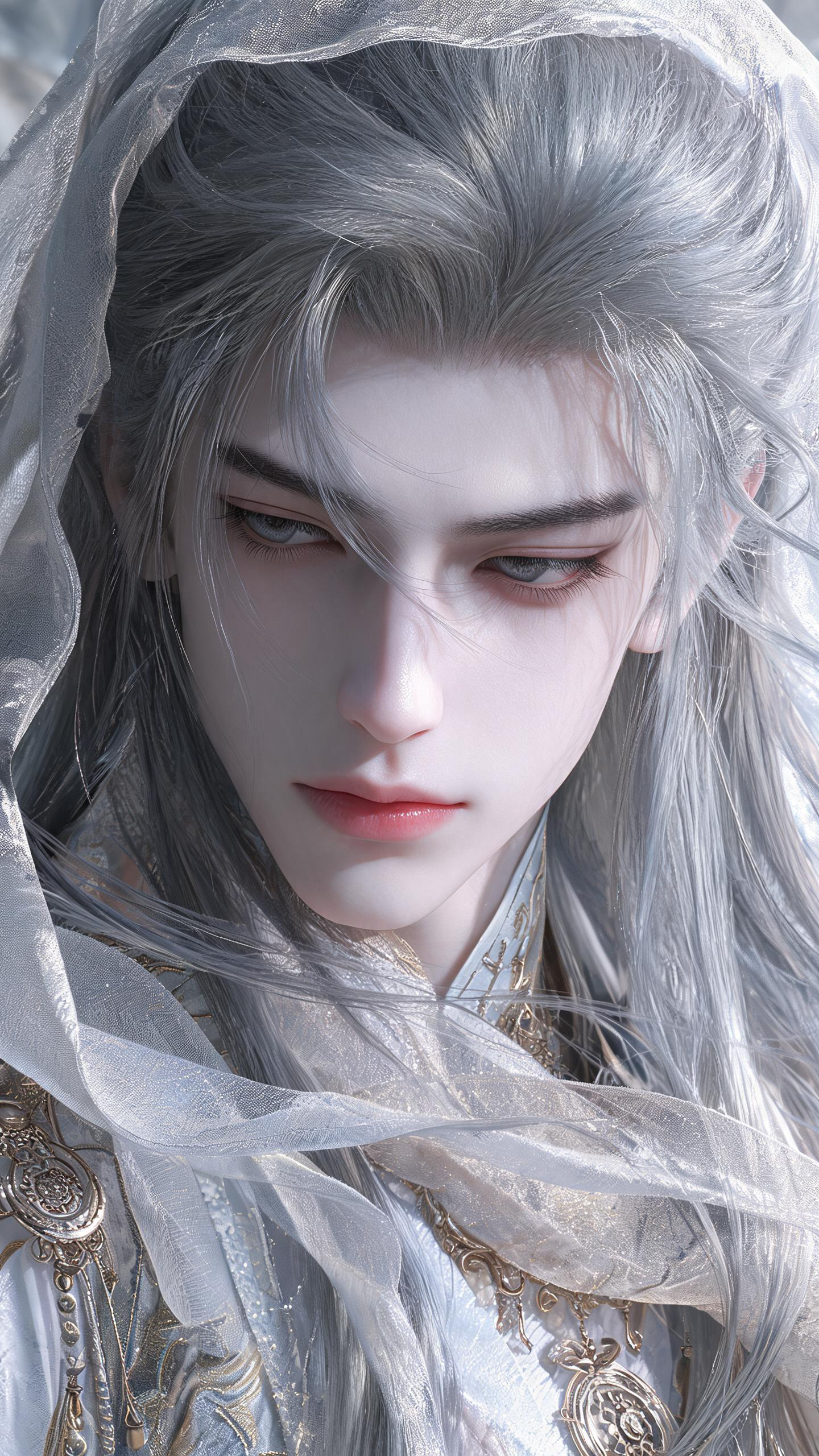 美男，温柔，温润如玉，3d仿真 ，单凤眼，眼尾细长，清晰的睫毛，眼睛微眯，垂眸，黑色长发，发丝细腻刻画，衣服华丽，五官立体，面部细腻渲染，皮肤细腻渲染，雾霾灰色瞳孔，极致妖孽的容貌，极致清冷感，透光感绝美，有种祸国殃民… - AI提示词参考图，来自西西提示词