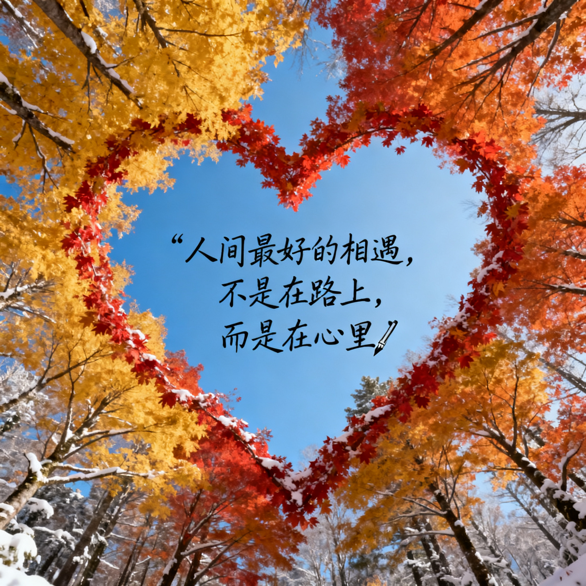冬天在枫树林里，广角镜头仰拍，中间是蓝色的天空，环绕各种颜色的树枝，以金黄和橙红为主色调，红黄相间，恰好围成一个爱心❤️星形状。电影质感，8k高清。心形中间有钢笔写着“人间最好的相遇，不是在路上，而是在心里”。 - AI提示词参考图，来自西西提示词