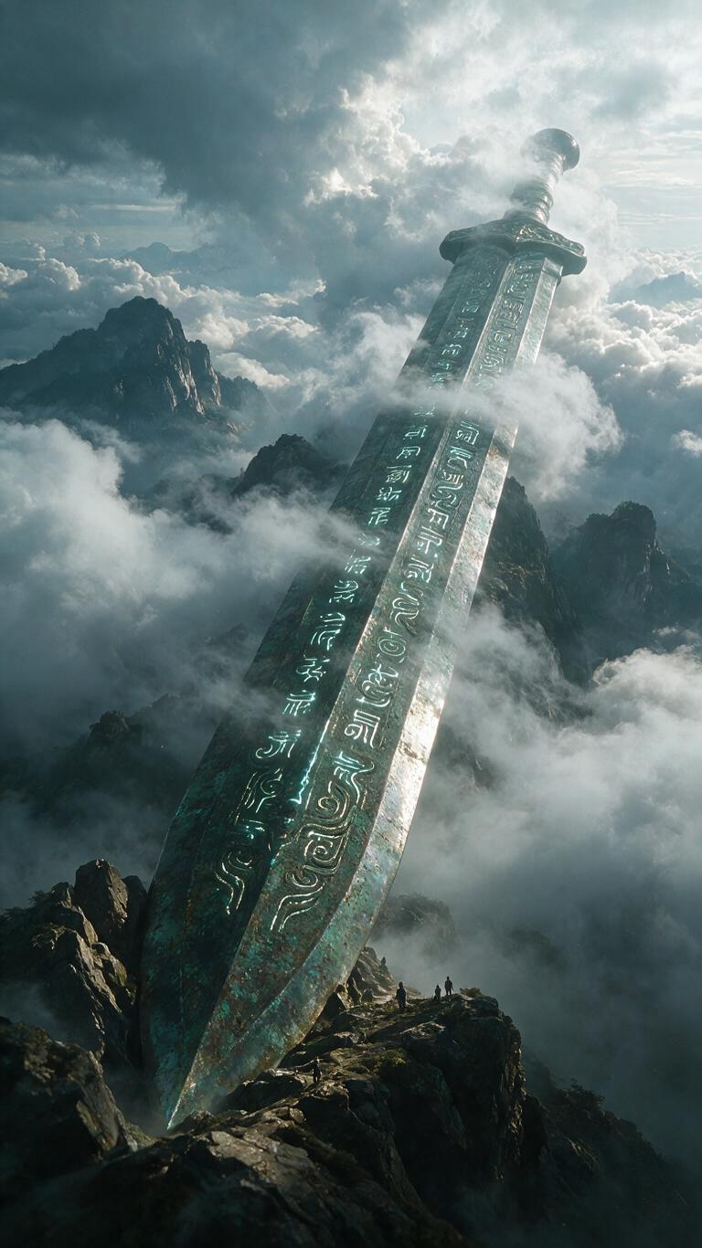 一个超级巨大的中式青铜剑，横贯天地之间，斜插入大地之上，漏出一半，巨大无比，剑身上刻画着神秘的发光符文，高清，巨物恐惧，人类在其旁边显得极其渺小，剑身云雾缭绕，缥缈，剑身发的寒光耀目。巨大的遮天蔽日浩瀚无垠。 - AI提示词参考图，来自西西提示词