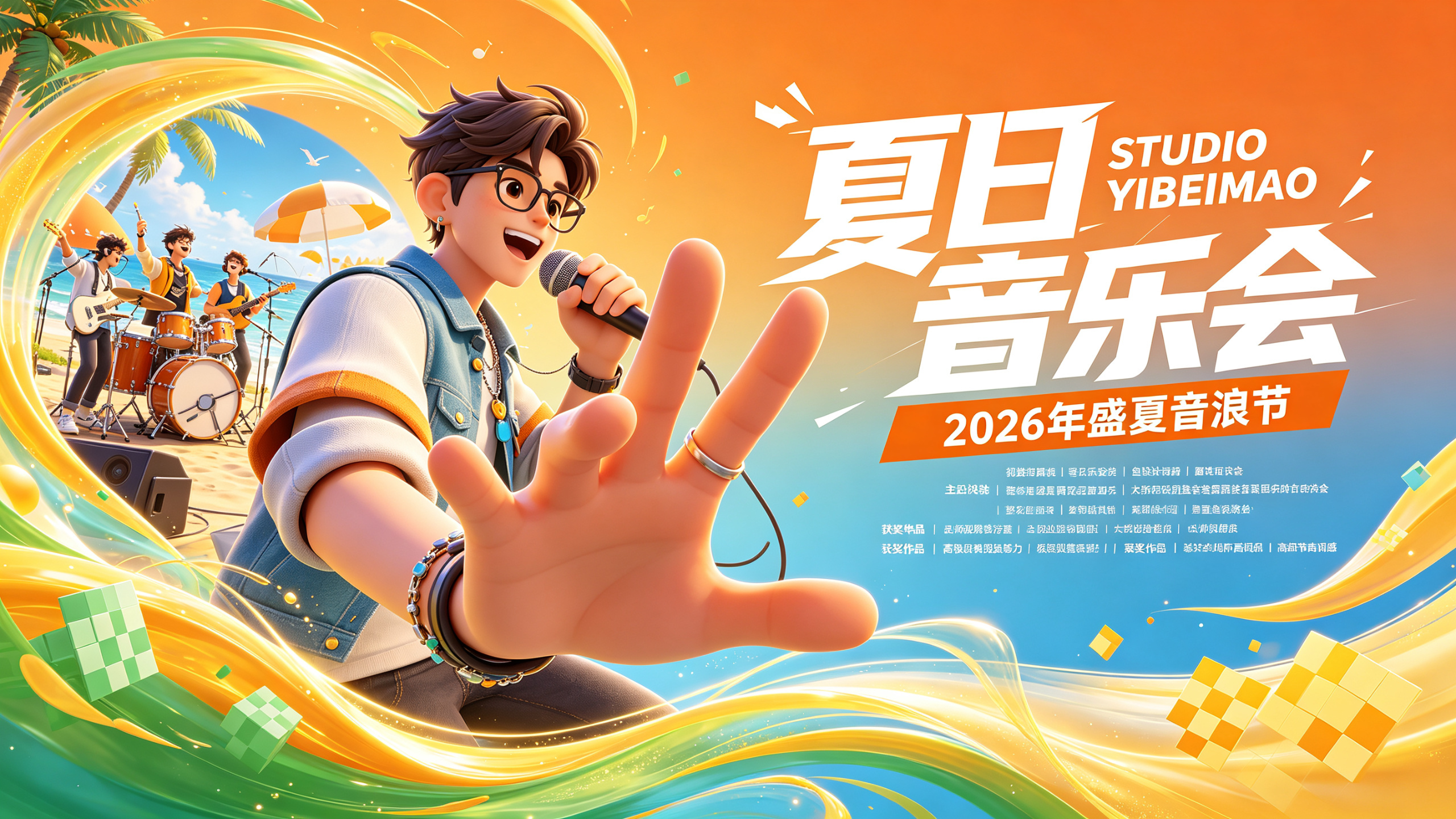 【整体氛围】时尚潮流，动感十足，梦幻诗意。【背景/环境】橙蓝渐变背景，搭配动感流动飘逸的黄色和绿色线条、方格元素。【主体/人物】鱼眼仰拍视角，呈现时尚潮流人物唱歌的形象，放大随音乐律动的手掌，画面左侧是一名动感十足的唱… - AI提示词参考图，来自西西提示词