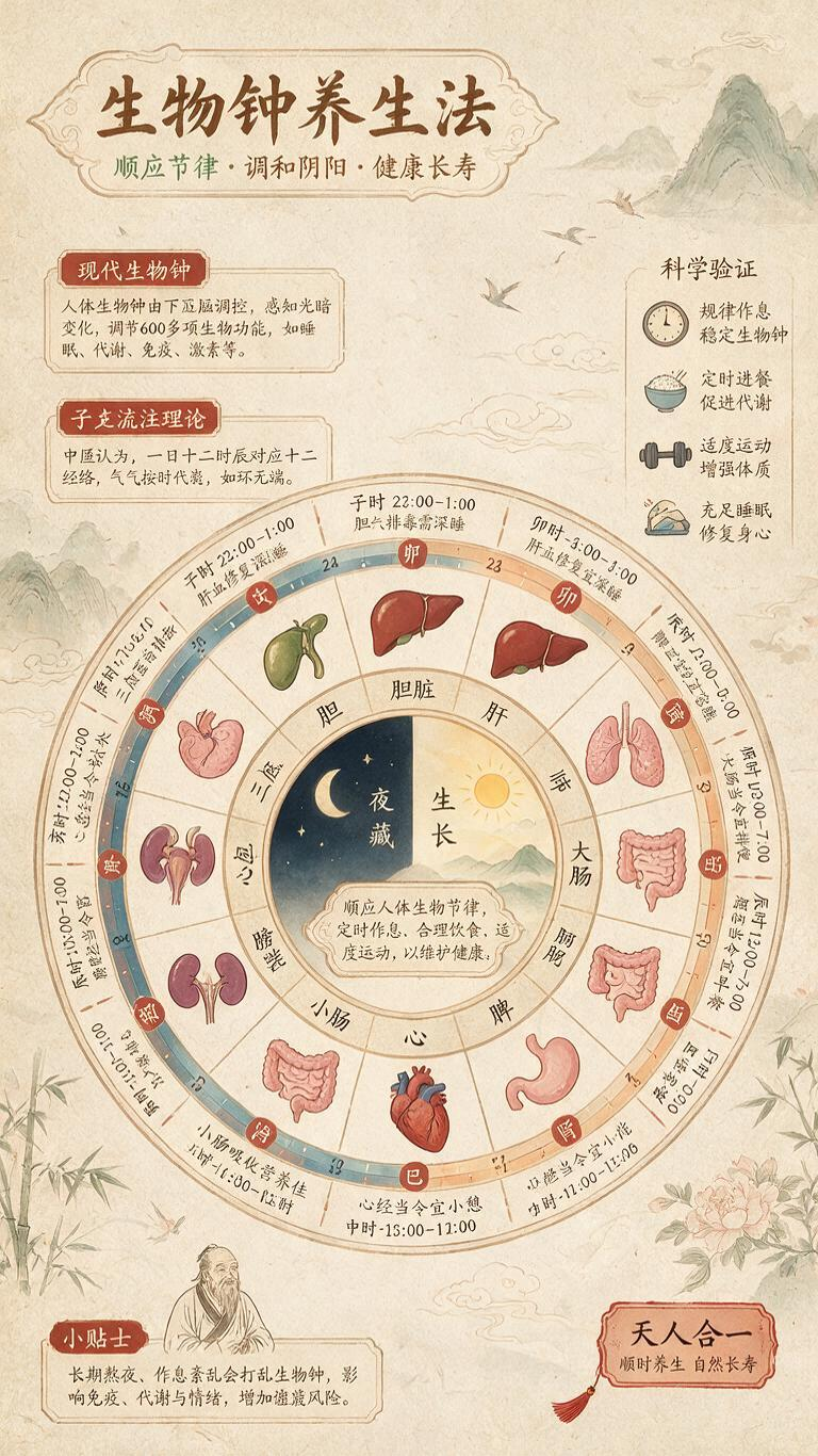 思考完成（用时9秒） 用户询问的是“生物钟养生法”，并要求30字左右的简洁说明。我已知生物钟养生法的基本概念：指根据人体昼夜节律调整作息、饮食、运动等行为以促进健康，常见包括早睡早起、定时进餐、避免熬夜等。但用户可能希… - AI prompt reference from CC Prompt Galaxy
