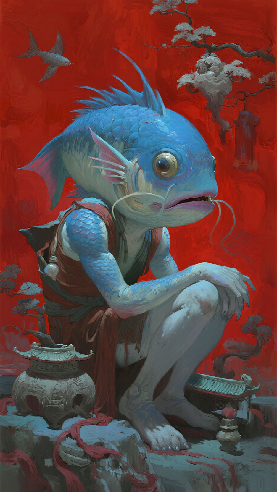 怪异，诡异，鱼怪，怪诞，梦魇，荒谬，唯美，中式，红蓝调，厚涂，超清 - AI提示词参考图，来自西西提示词
