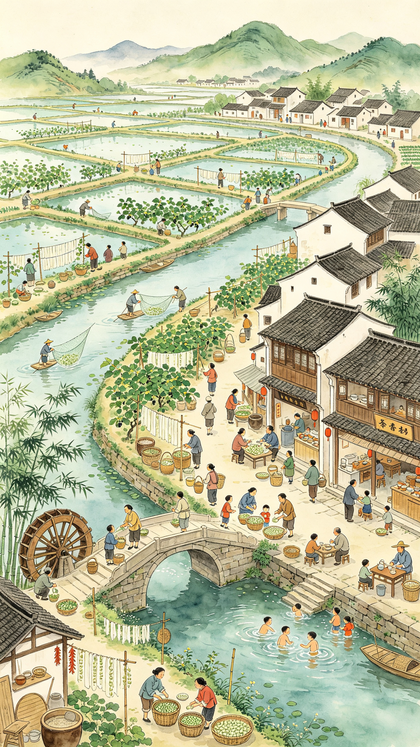 江南桑基鱼塘村落全景9:16竖屏，国风Wimmel全景密绘，超长纵深全景画面，画面填满丰富人物、农舍、田园器物，细腻工笔线条，多层次乡土场景，柔和矿物水彩配色，传统农家建筑，人物农事活动丰富，无大面积留白，民国风俗画质… - AI提示词参考图，来自西西提示词