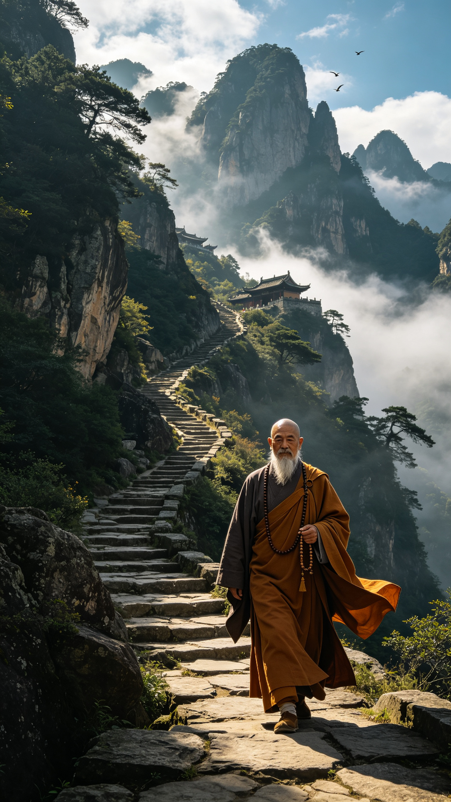 蜀道难，崎岖险峻的山路蜿蜒穿越云雾缭绕的峻岭，悬崖峭壁上古老的石阶崎岖不平，似乎随时会崩塌。浓密的树林遮蔽了部分光线，偶尔传来山鸟的啼鸣。远处，云雾缭绕的青天高悬，险峻的山峰直插云霄，似乎比登天还要难。山间古老的驿站隐… - AI prompt reference from CC Prompt Galaxy