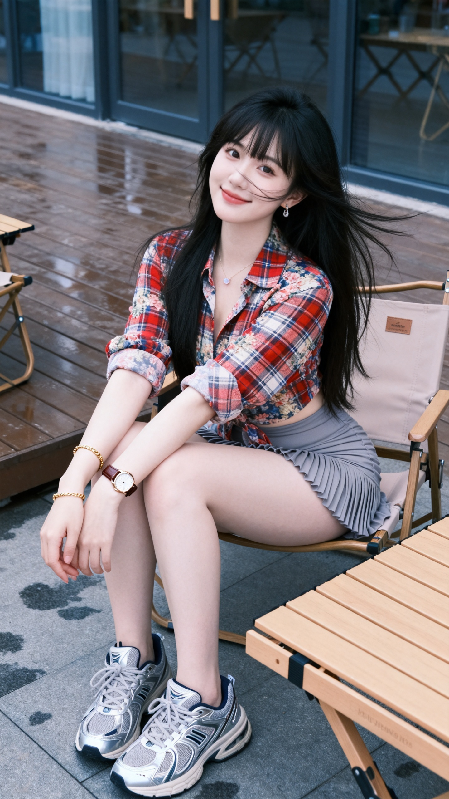 “一位可爱甜美的女生，身穿花色格纹衬衫，褶皱短裙，佩戴一只金色细手镯、棕色手表。背景是木质地板、露营椅、玻璃门窗，可见户外露营风格桌椅与感觉光滑地面。风格写实，日常随拍感，类似手机拍摄；格纹衬衫面料、老爹鞋材质、配饰金… - AI提示词参考图，来自西西提示词