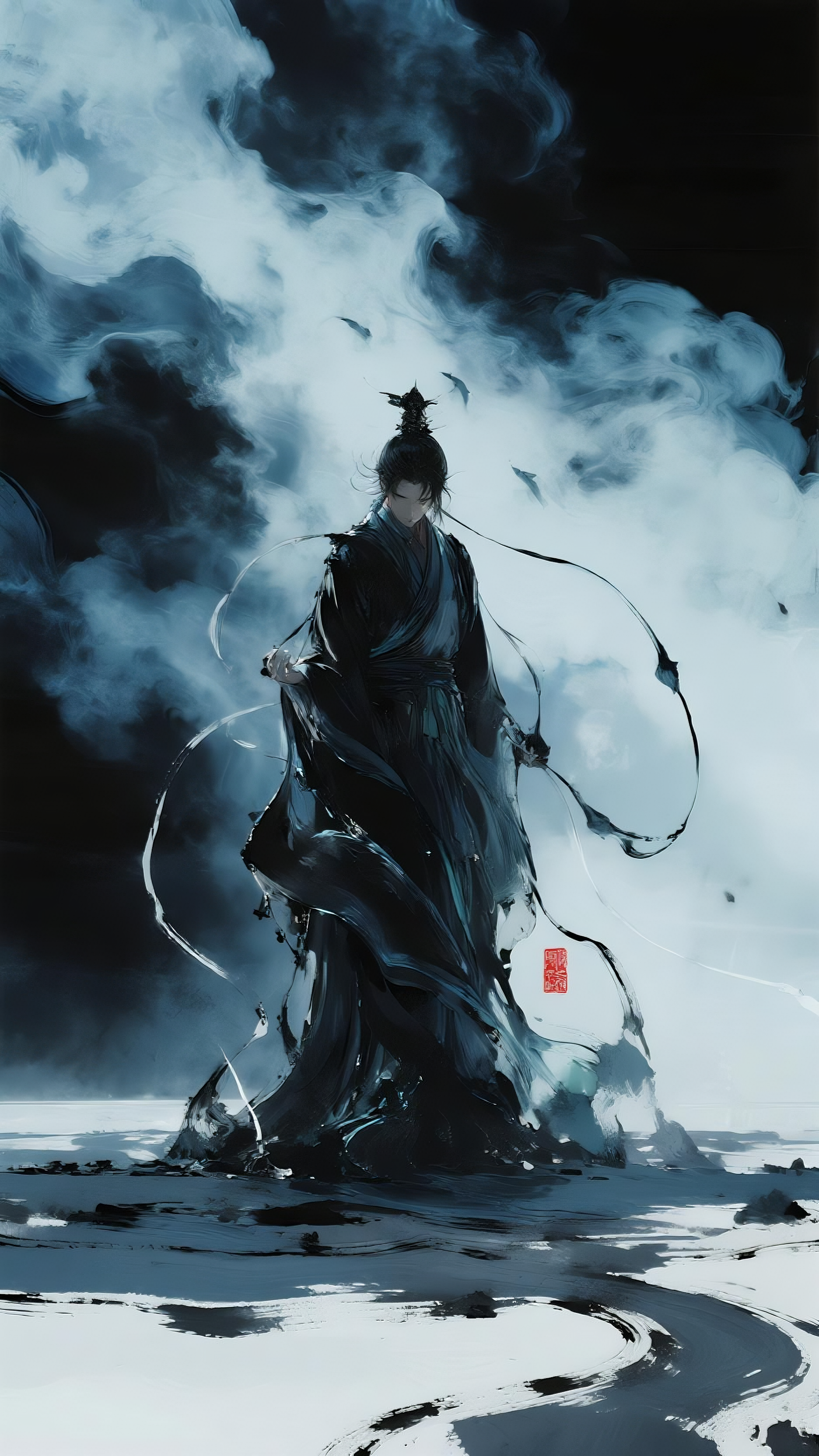 虚无主义，CG厚涂，水墨写意，超现实。青黑主调，苍蓝铅灰过渡，舞台聚光高对比，内光外冷。烟雾半透明流体，对角线构图，主体边缘向虚空熵增扩散，理性滑落混沌。粗糙飞白线条，破边溶解，朱红印章半褪色，粘稠半透明液态，8K超清… - AI prompt reference from CC Prompt Galaxy