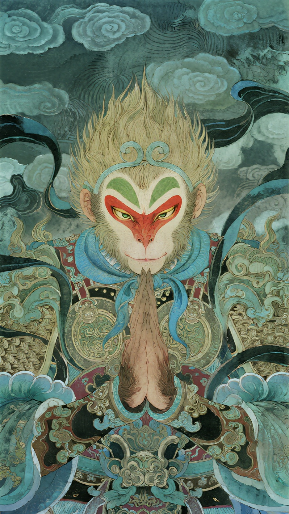 以工笔画为表现形式，重彩 画面中巨大的孙悟空，形象占据了大部分空间，展现出震撼的巨物效果。融入丰富的国风色彩，色彩搭配和谐且富有冲击力，再利用水墨的工笔技法。采用仰视的角度，从下往上看，气势磅礴，压迫感十足，抽象的氛围… - AI提示词参考图，来自西西提示词