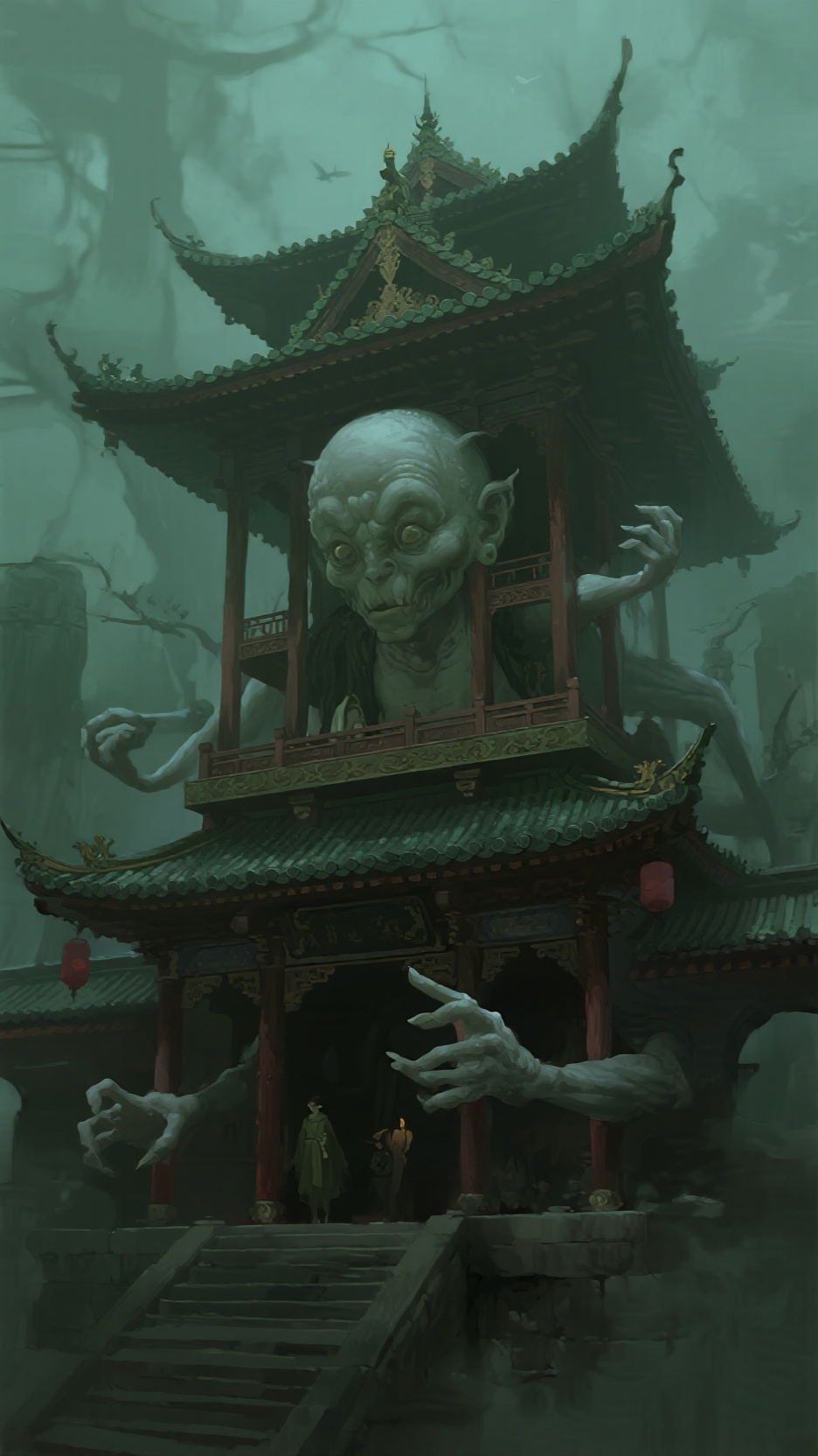 怪异，诡异，怪诞，幽冥古宅，中式，荒谬，深绿调，厚涂，超清 - AI提示词参考图，来自西西提示词