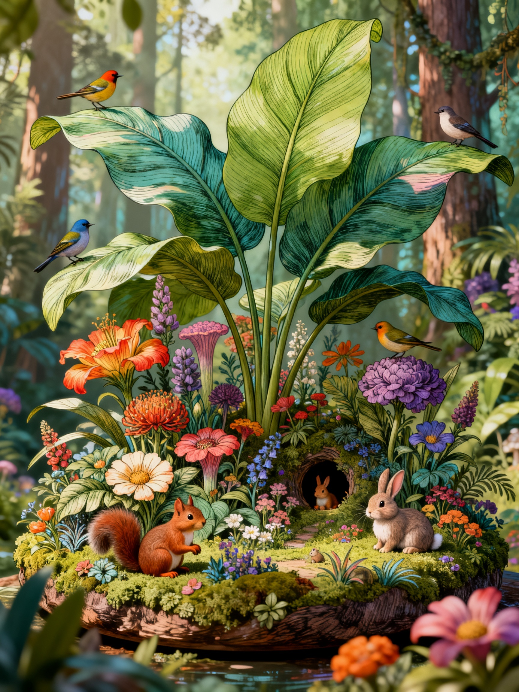 3D，微景观，彩色艳丽的钢笔画风格，精细的细节描绘，精细的钢笔画笔触效果，画面是梦幻的原始森林场景，巨大的宽叶植物，盛开的奇花异草，各种森林里的小鸟、松鼠、兔子等藏在其中，采用工笔素描风格勾勒，线条细腻流畅。 混合图案… - AI提示词参考图，来自西西提示词