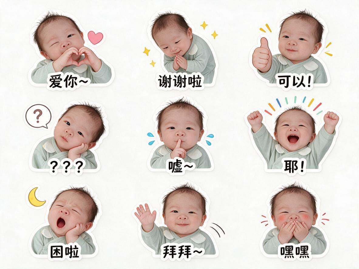 ##使用图 1 男宝图片 主题：日常百搭版 必须全部为纯白背景，比例3:4，3行3列九宫格布局，9个独立带圆润白色描边的LINE风格真人贴纸，真实照片质感，软萌治愈，高清细节，面部清晰，光影柔和。 严格按以下位置生成，… - AI prompt reference from CC Prompt Galaxy