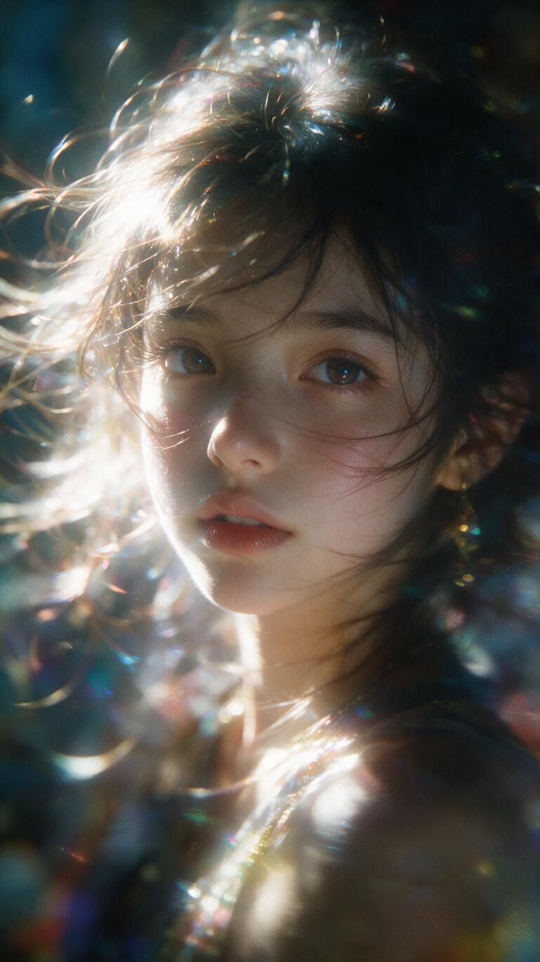逆朦，泛朦，对焦模糊，特写，一个灵动纯美的少女，来自神秘国度。精准还原小圆的外观，模糊人像及场景，突出动态发丝的凌乱美，超高颜值，纯欲，迷离，伦勃朗光，高饱和，反射，折射，肌理质感，泛光模糊晕染，低噪点，颗粒质感，极简… - AI提示词参考图，来自西西提示词