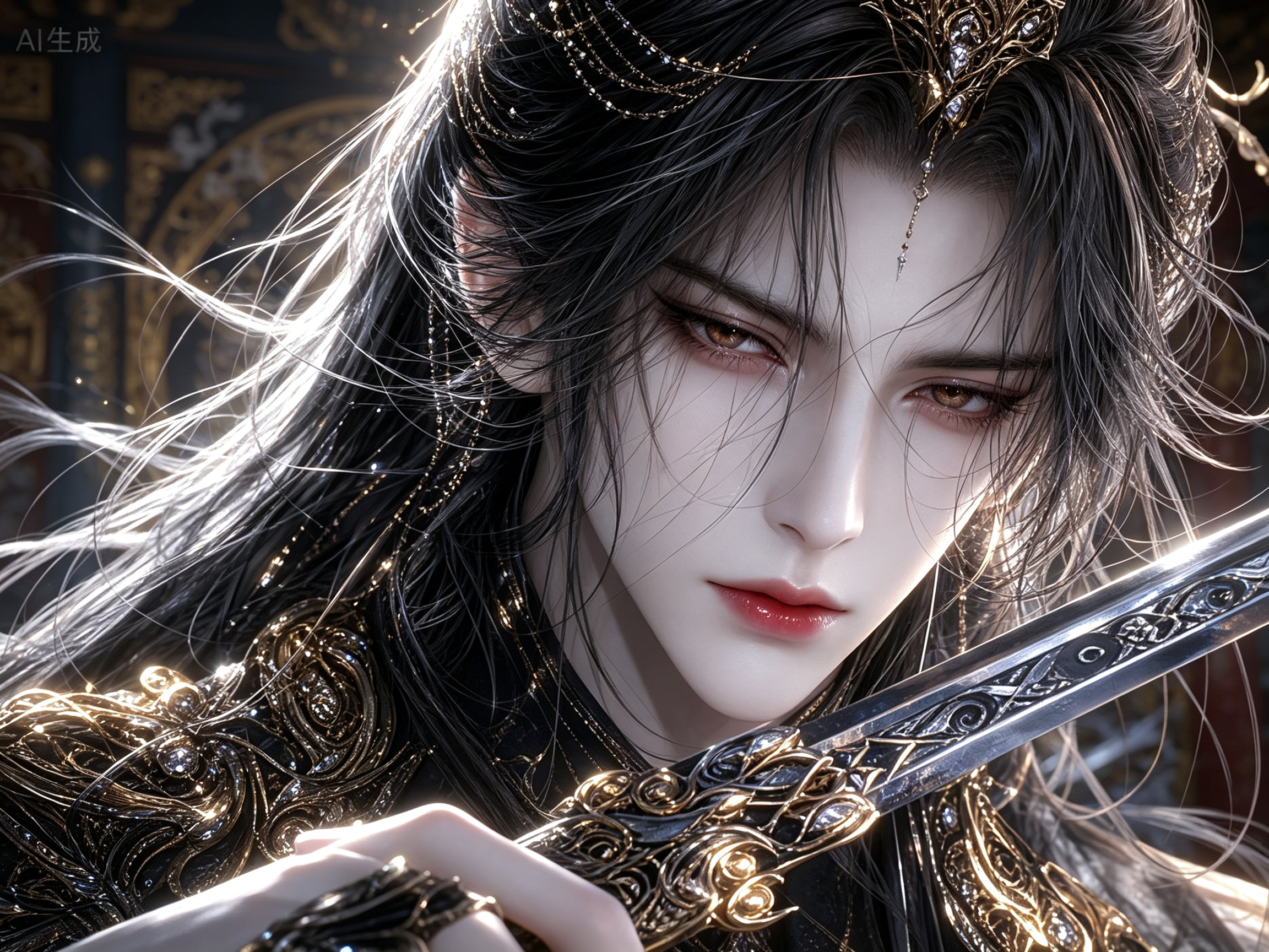 ##古风美男，温柔，温润如玉，单凤眼，眼尾细长，长发，发丝细腻刻画，衣服华丽，五官立体，面部细腻渲染，皮肤细腻渲染，棕色瞳孔，极致妖孽的容貌，极致清冷感，透光感绝美，有种祸国殃民的美感，阴森，细节3D渲染，五官。丰富细… - AI提示词参考图，来自西西提示词