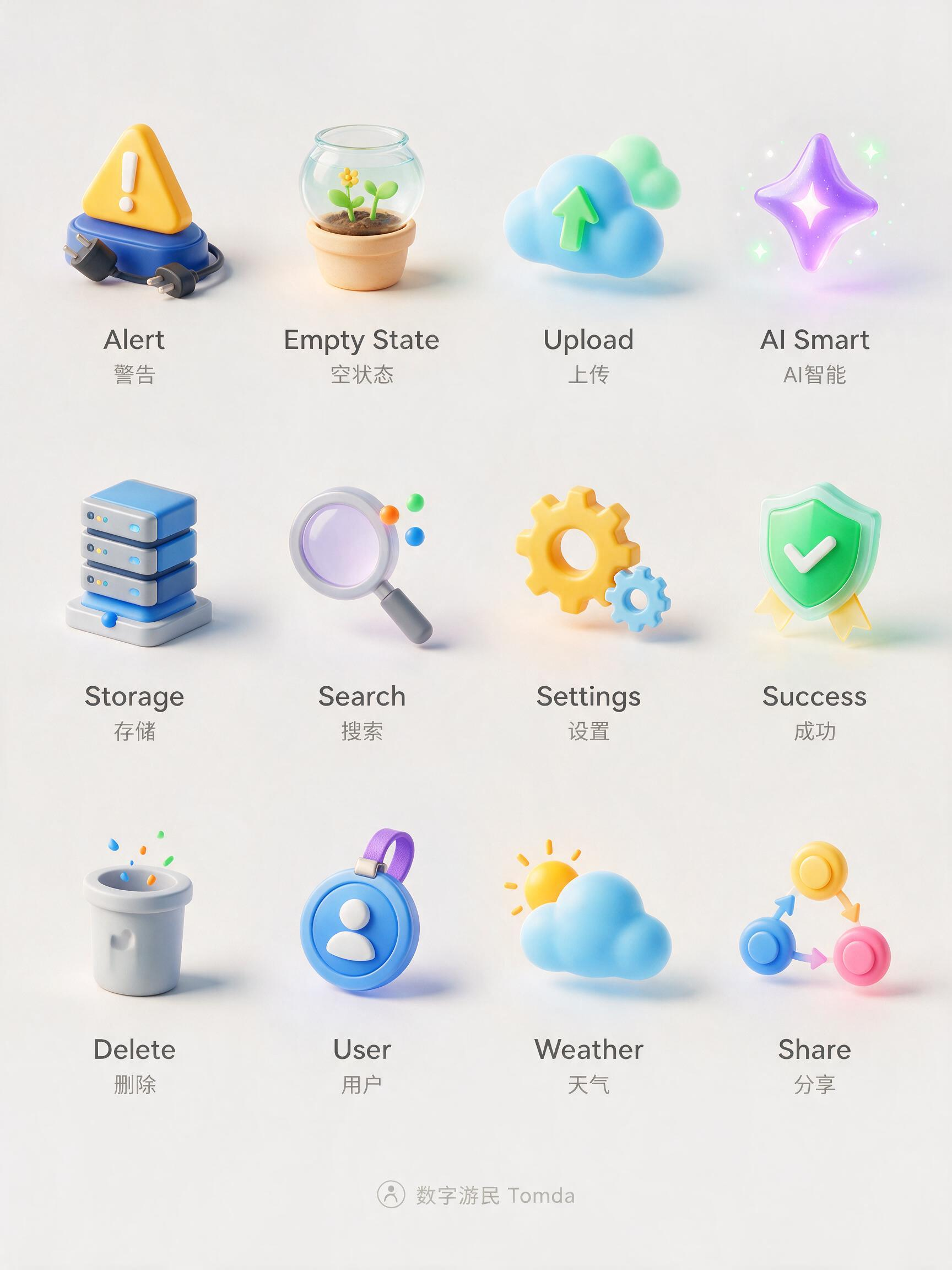生成一套高质感 3D UI 功能状态图标合集。 图标主题： {{图标主题}}，包含 {{图标数量}} 个独立图标，例如：{{图标列表}}。 版式要求： 浅灰白或暖白纯色背景，{{列数}}列 × {{行数}}行的等距网格… - AI prompt reference from CC Prompt Galaxy