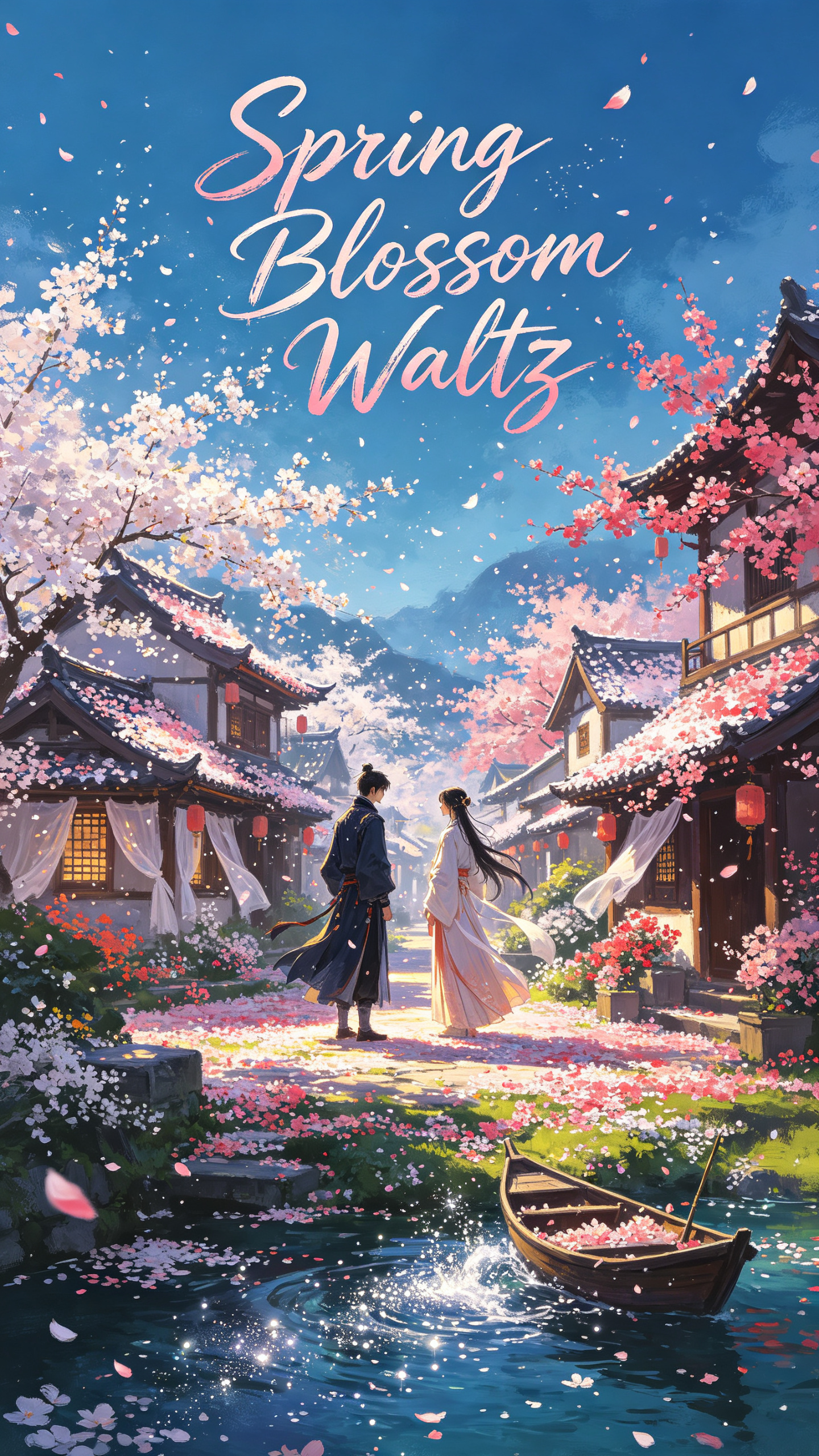 数字绘就：Spring Blossom Waltz之缤纷小镇春景 以浪漫主义风格，呈现一座沉浸于春日繁花盛景中的小镇，宛如一曲优雅的Spring Blossom Waltz（春之绽放圆舞曲）。小镇仿佛被大自然打翻的颜料… - AI提示词参考图，来自西西提示词