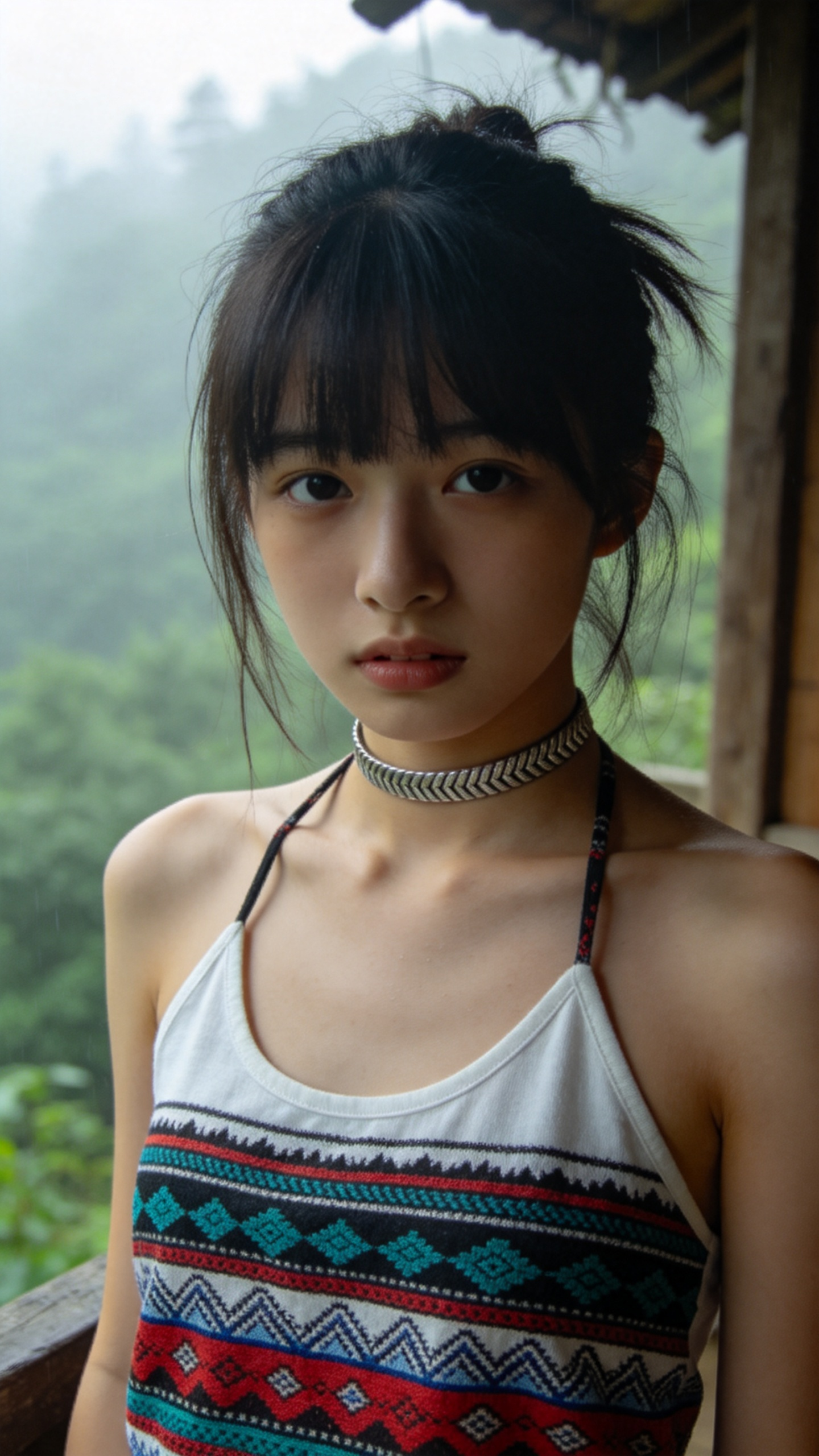 日常拍照风格，非精心构图或打光。一个年轻16岁女生，身材苗条，厚刘海，瓜子脸尖下巴，瘦脸，素颜。校花，发丝清晰可见，脑后松垮束发，动作表情有一点不好意思的。无滤镜。超高清，清晰，照片毫无修饰感，带有生活真实感。ccd拍… - AI提示词参考图，来自西西提示词