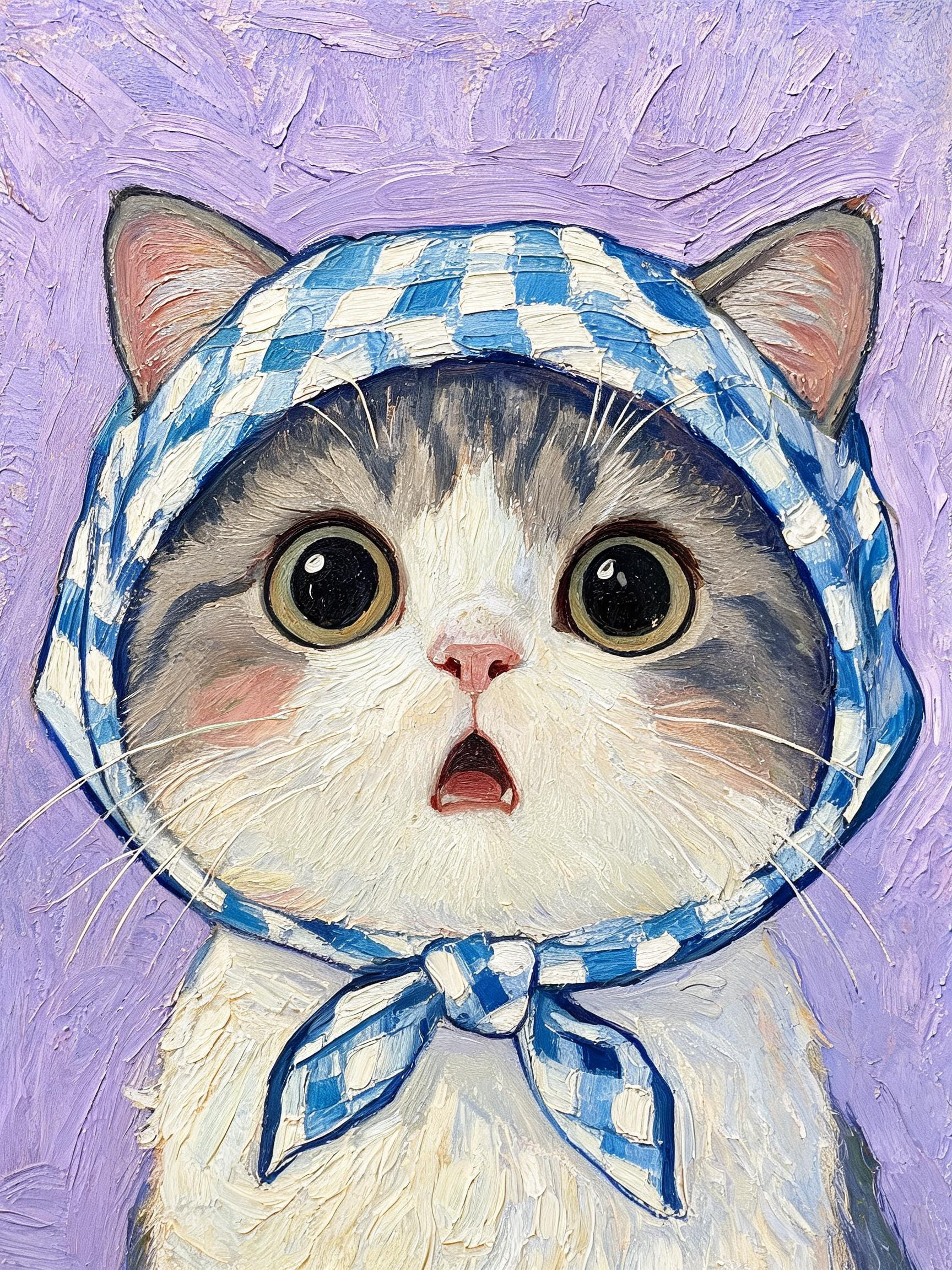 油画，梵高风格作品，欧美艺术插画，绘本插画，一只戴着蓝白色格子花头巾的猫咪，猫咪品种是英短猫，笔触细腻，油画笔触明显，写意，极简，猫咪的脸圆嘟嘟，表情震惊但是很可爱，超近景手绘插图，Q版。淡紫色背景。 - AI提示词参考图，来自西西提示词
