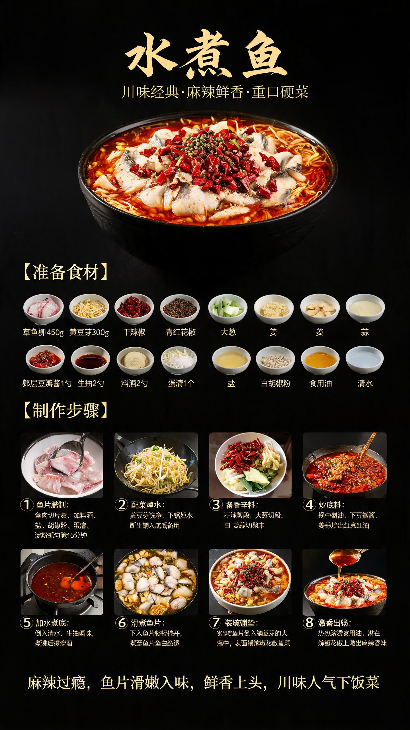麻辣水煮鱼 黑金中式菜谱竖版长图完整提示词（9:16比例） 9:16竖版长款美食菜谱海报，中式高级质感，纯黑色哑光高级背景，纤细鎏金书法字体，暗调商业美食摄影，细腻柔和光影，画面干净无多余杂物，8K超高清，画面留白舒适… - AI提示词参考图，来自西西提示词