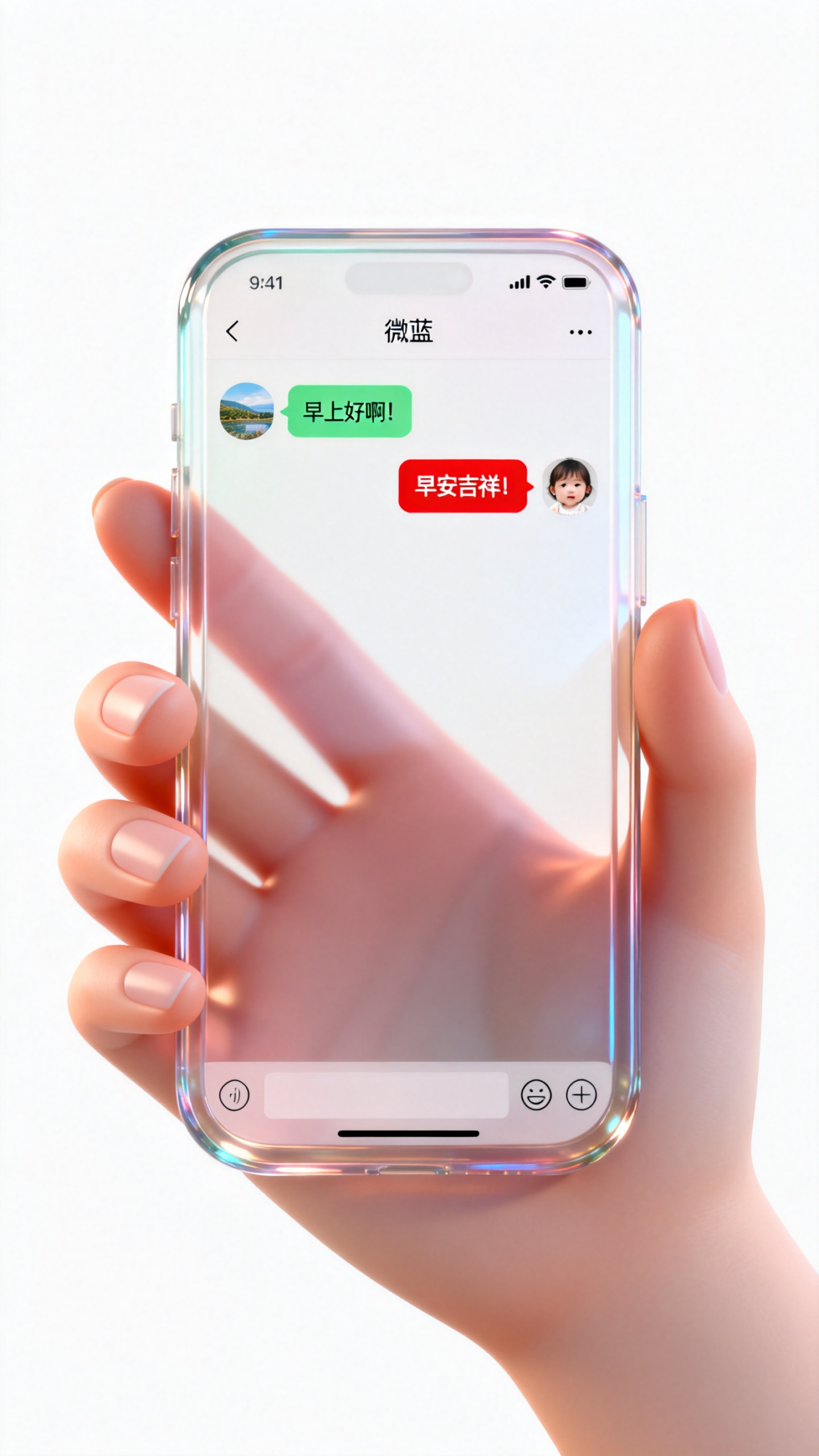 生成一张极具现代感的手机屏幕玻璃拟态风格的视觉设计样机图，一只白皙细腻的手拿着一个正面半透明的玻璃质感圆角矩形面板的手机，边缘柔和，背景白色，面板上显示微信的聊天页面，聊天页面备注为“微蓝”。 左侧头像是一个风景，聊天… - AI提示词参考图，来自西西提示词