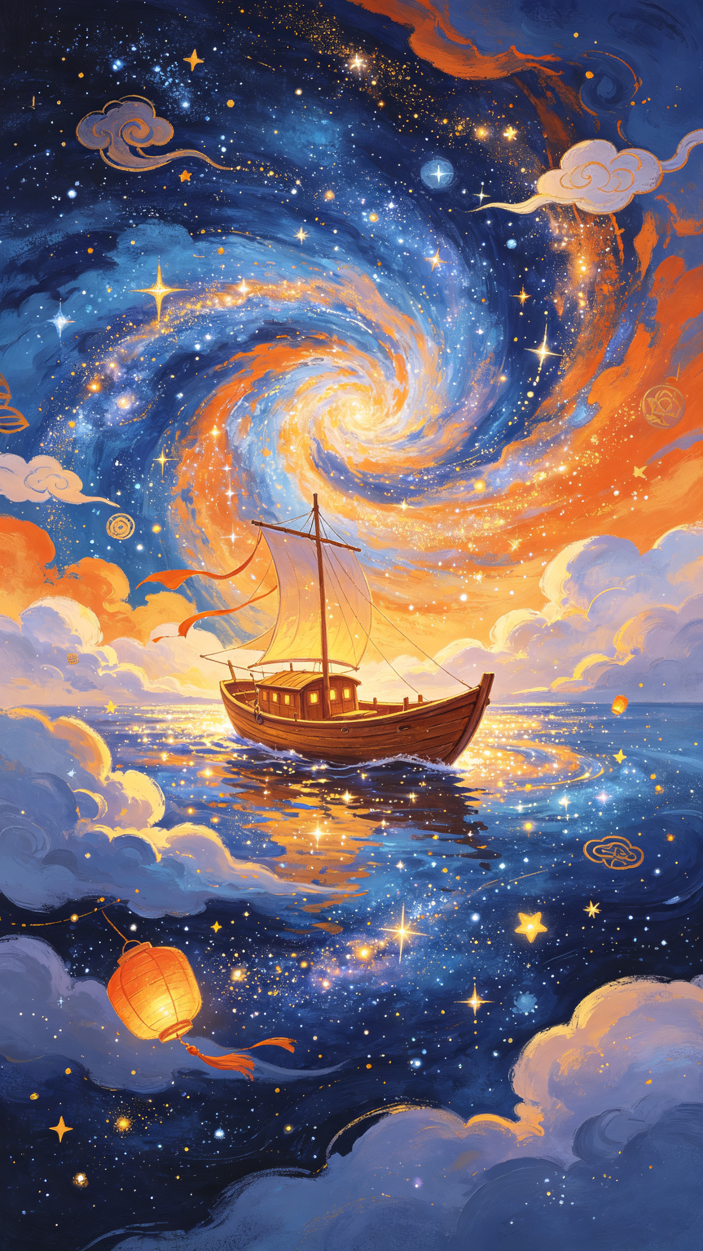 奇幻插画风格，浓烈丰富的色彩对比，蓝橙撞色，梦幻星空云海氛围，手绘油画质感，宇宙螺旋星云构图，奇幻浪漫的东方美学风格，一艘小木船漂流在闪烁星光的星河之上 - AI提示词参考图，来自西西提示词