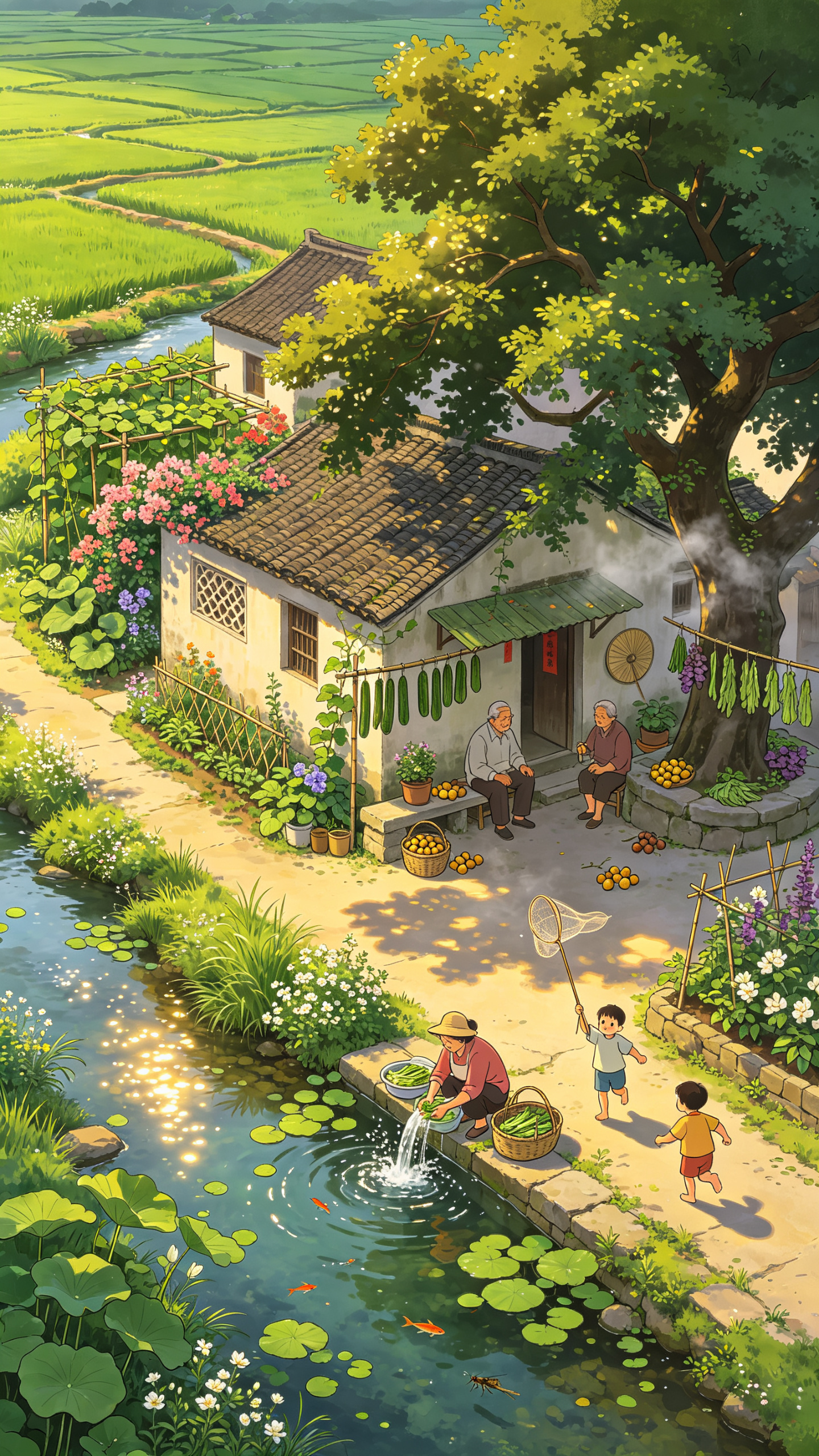 南方盛夏乡村的治愈系动漫全景插画，超广角鸟瞰构图，画面充满潮湿温热的空气感，远处连绵深绿稻田像海浪一样起伏，田埂两侧生长着野芋、空心菜、青草和细碎野花，清澈溪流绕村流淌，水面荷叶圆圆，阳光在水面形成碎金般反光，偶尔有小… - AI提示词参考图，来自西西提示词