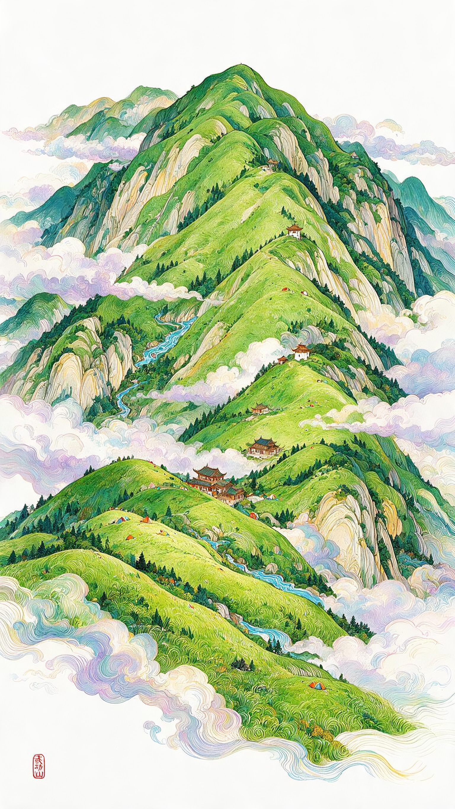 世界矢量插画大师杰作，极繁主义，Lisbeth Zwerger 的风格，满幅矢量图展现出独特的艺术魅力，精细繁多的复杂线条、形状勾勒 中国十大名山：武功山 的群山，点缀建筑，白云飘浮，巧妙留白，宛如仙境，高饱和色彩，撞… - AI提示词参考图，来自西西提示词
