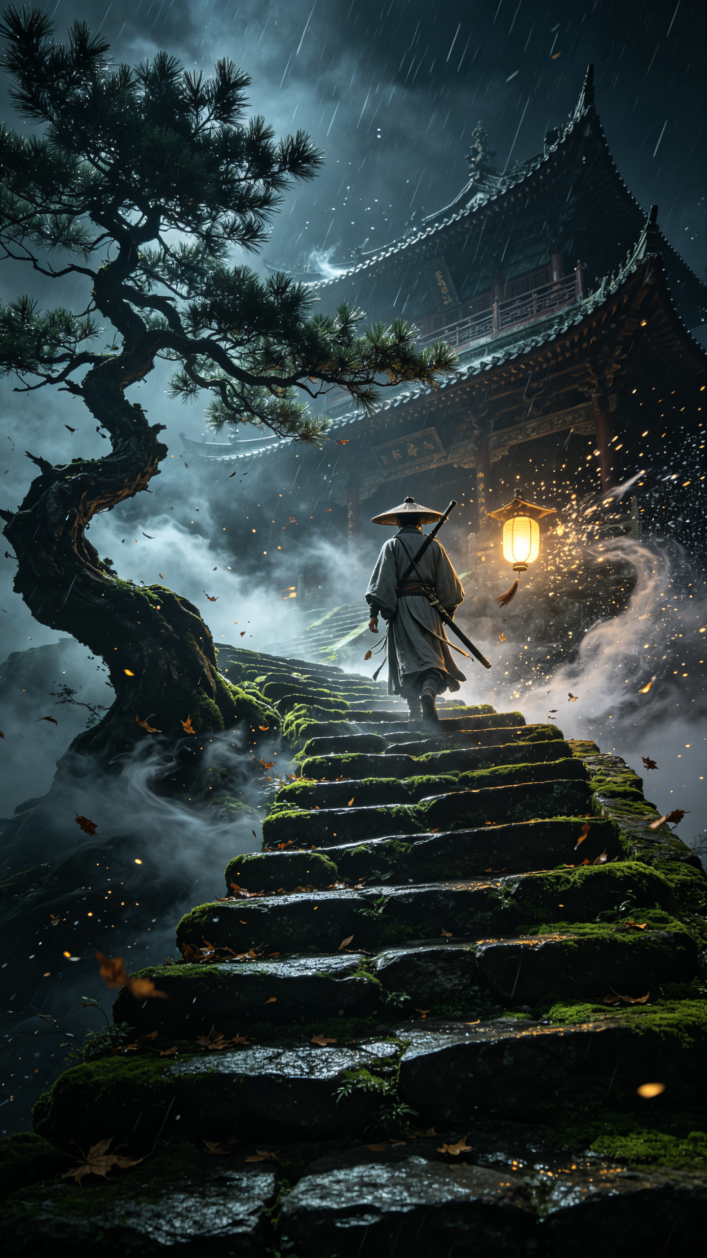 夜幕下的千年古刹道观，青石台阶布满青苔蜿蜒向上，左扭曲苍松的枝干在黑雾中伸展，阴风卷着枯叶掠过石阶。仰视视角中一头戴斗笠，穿着灰布衣背着长剑，灯笼在狂风中剧烈晃动。写实CG风格8K画质，暗黑基调透出青灰冷调光线，松针纹… - AI prompt reference from CC Prompt Galaxy