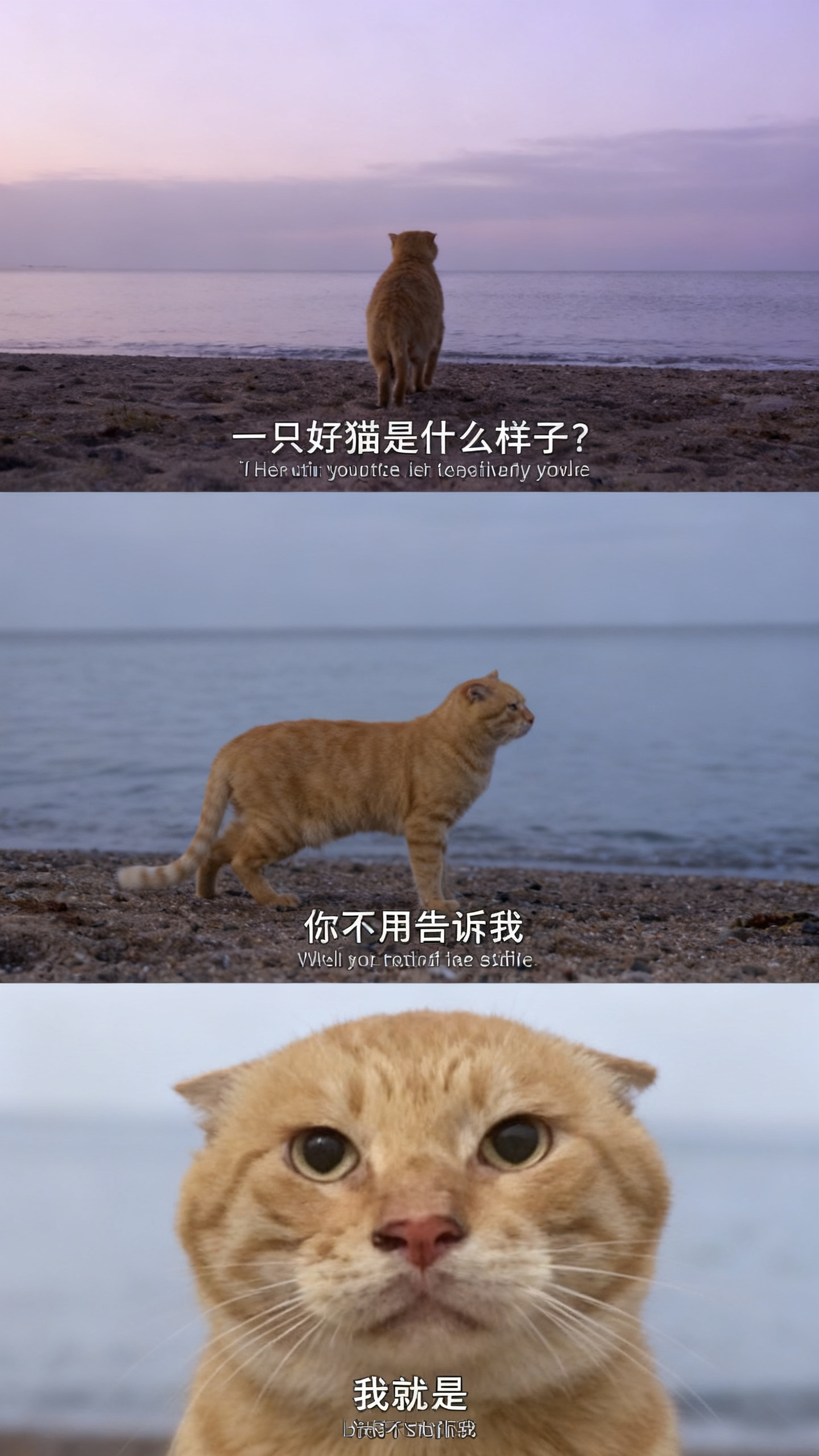 ##以图片猫咪为基础，采用三宫格构图方式生成一张艺术感写真图，海边写真图，场景为海边沙滩，天空呈淡紫与灰色渐变，海面平静。画面中有猫咪和参考图一致，第一层为近景，站在沙滩上的猫咪背影，添加中英字幕“一只好猫是什么样子?… - AI提示词参考图，来自西西提示词
