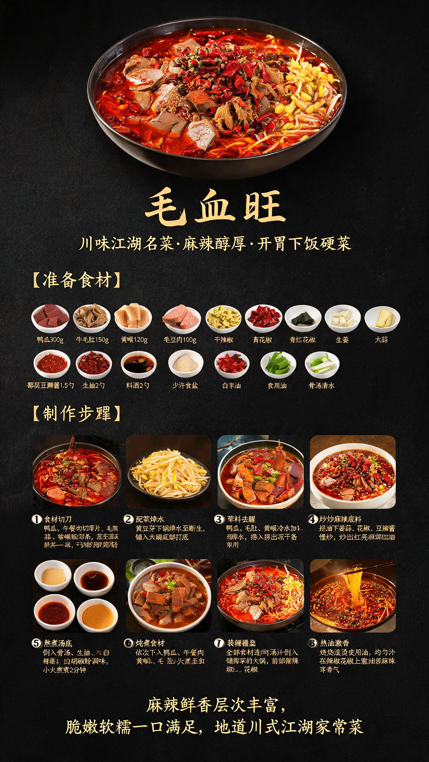 毛血旺 黑金中式菜谱竖版长图AI完整提示词（9:16比例） 9:16竖版长款美食菜谱海报，中式高级国风质感，纯黑色哑光磨砂背景，纤细书法字体，暗调专业商业美食摄影，柔和细腻侧光影，画面干净整洁无多余杂物，8K超清画质，… - AI提示词参考图，来自西西提示词