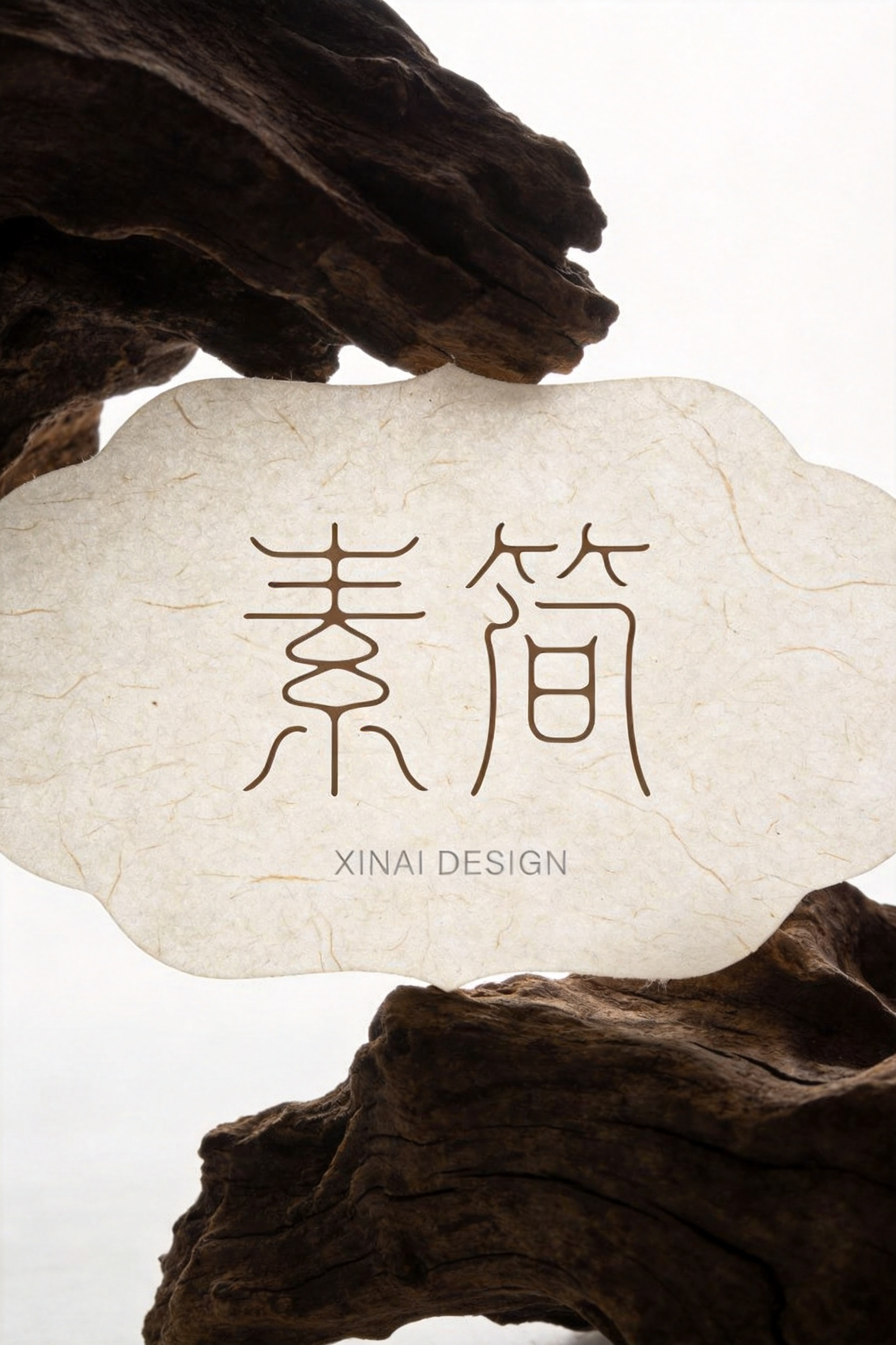 极简东方美学广告设计，画面主体为横向延展的手工桑皮纸纹理异形牌，纸纹纤薄柔韧，触之如流云拂过般绵软顺滑，带自然纤维肌理，颜色为温润米白色。牌面大量留白，仅在中央呈现矢量字体设计，采用纤细曲线与不规则线条的组合，“素简”… - AI提示词参考图，来自西西提示词