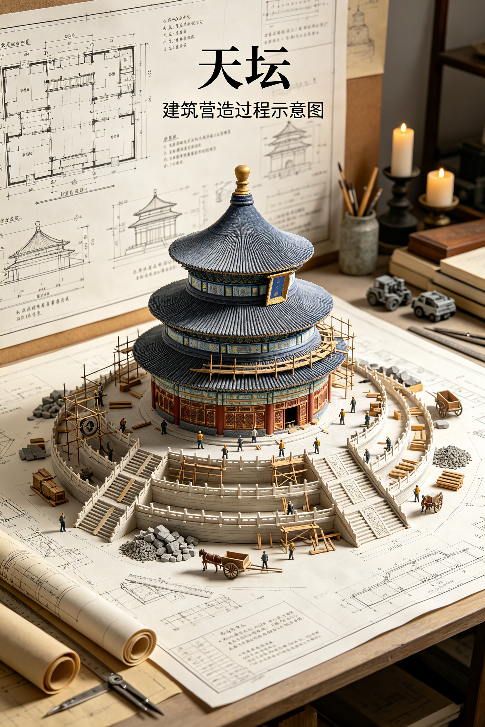 帮我生成图片：请生成一张竖版 2:3 高清图片，主题为《建筑微缩蓝图》。 建筑名称：[北京天坛] 画面是一张现代建筑设计手稿，上面布满中文平面图、剖面图、立面图、结构细节图、尺寸标注和施工说明。一座高度仿真的中国古建筑… - AI prompt reference from CC Prompt Galaxy