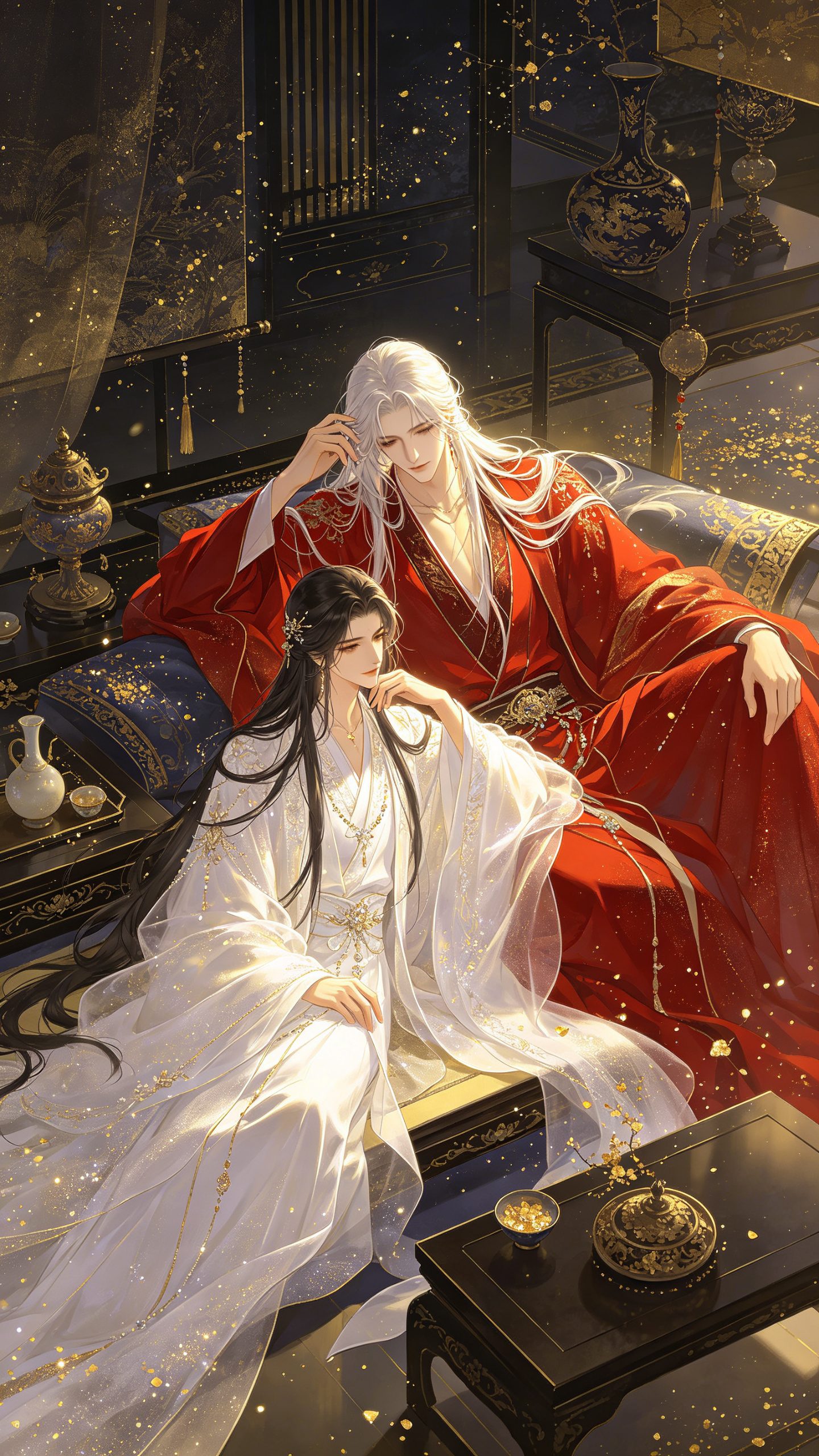 古早插画，暗黑美学，华丽，恢宏大场景，空间感，繁复精细，色彩明艳，画笔勾画细节，笔触，肌理，微闪，柔焦，细腻厚涂，唯美手绘，超高清画质。 两个人物，故事氛围 男，容颜淡漠，轮廓完美，银长发，发丝泛光，红衫（宽袖外披）松… - AI提示词参考图，来自西西提示词