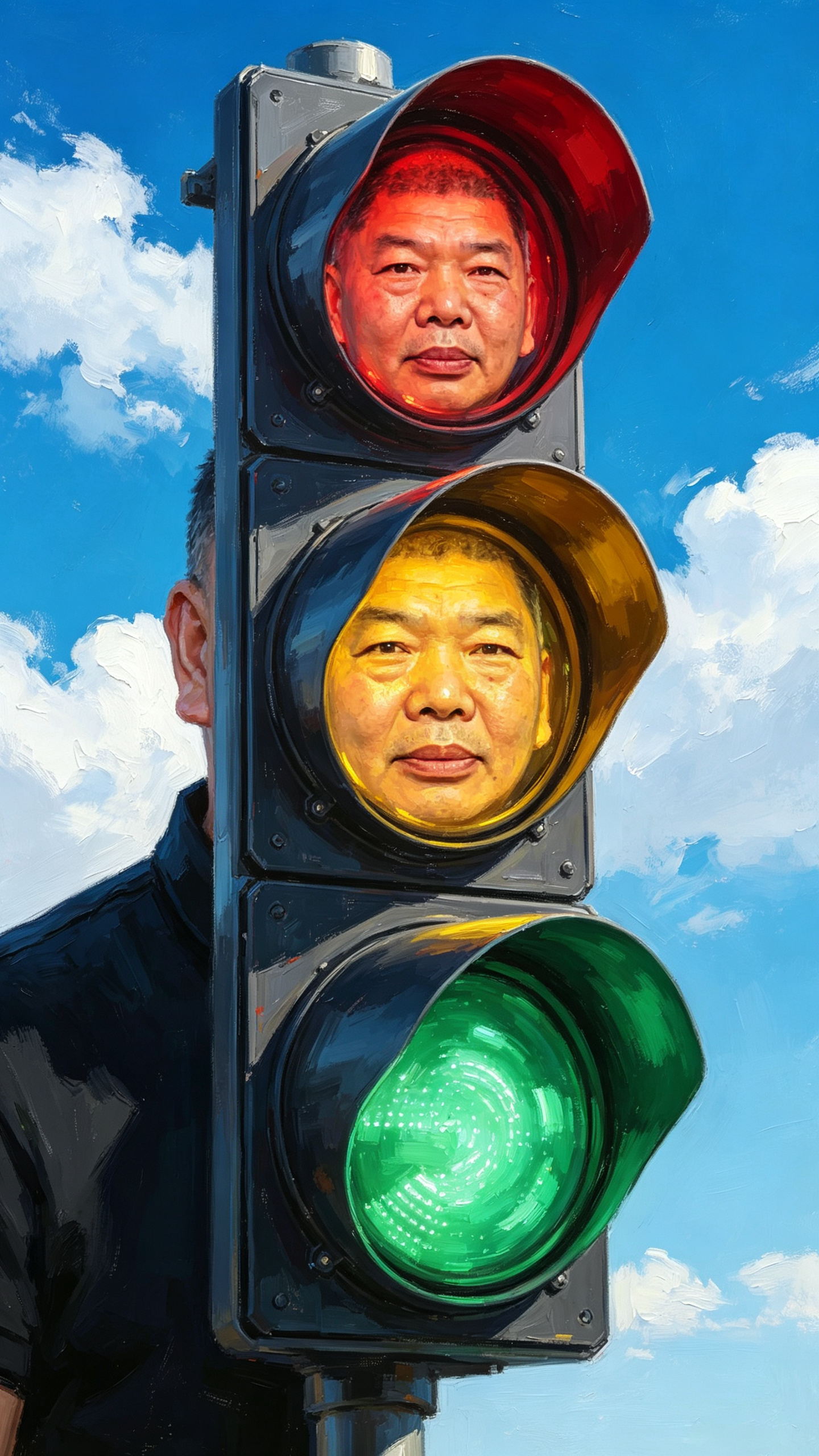 ##超写实厚涂风格，融合CG效果，3D逼真质感，超立体，治愈氛围，冷色调，近距离超特写，镜头畸变，高饱和度，电影质感，强明暗对比，颗粒感，粗轮廓线条，细腻肌理，逼真光影，粗犷笔触。一个红绿灯，三个灯变成中年男人脸，红、… - AI提示词参考图，来自西西提示词