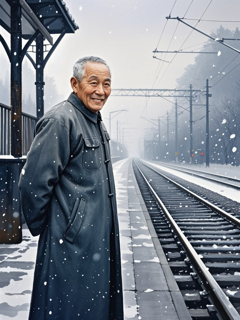 ##以写实水彩风描绘出在风雪交加中被掩盖的民国时期偏僻的小火车站台，站台上有一位老者，短发，正面向镜头，目视镜头微笑 - AI提示词参考图，来自西西提示词
