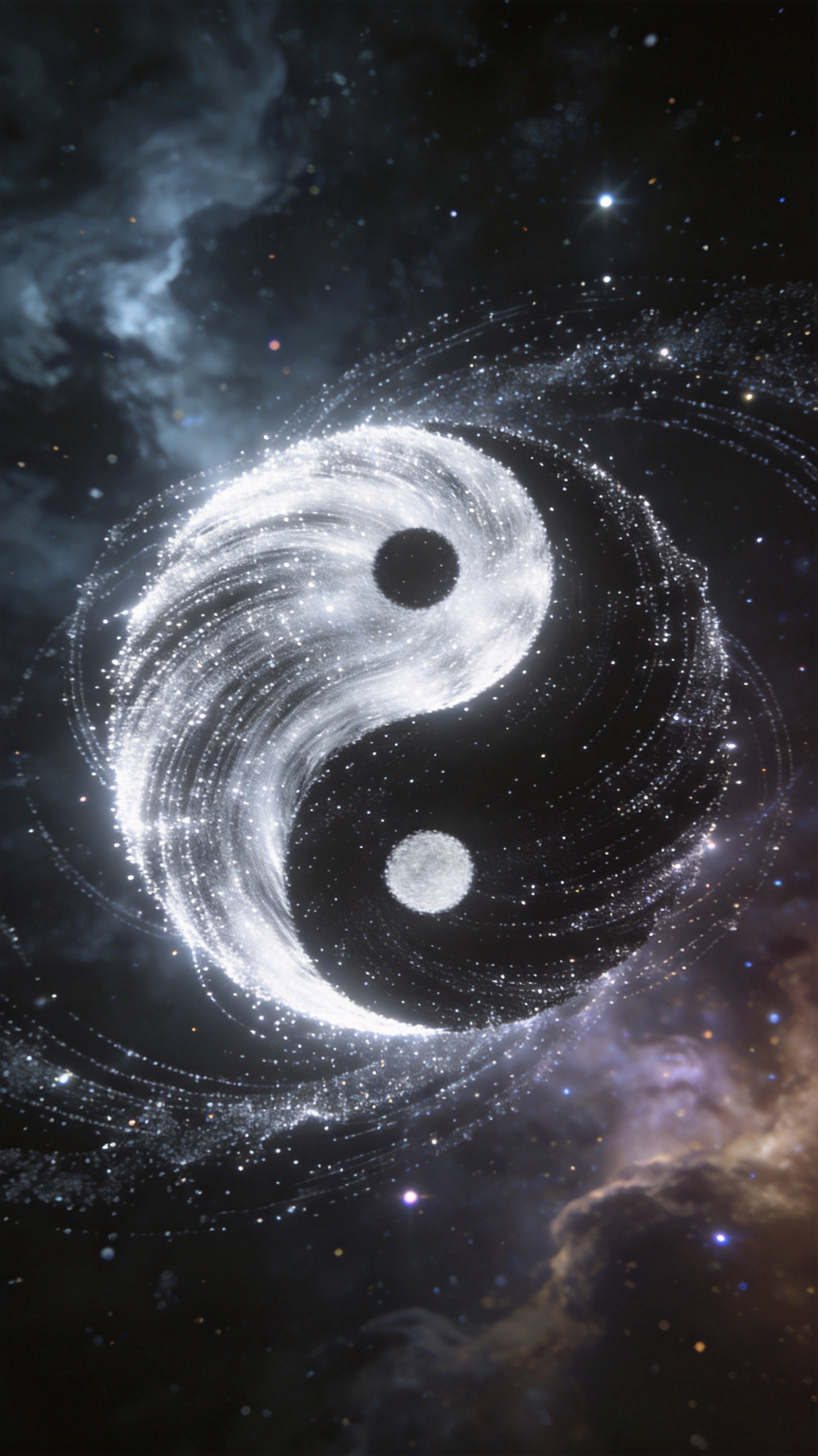 3D粒子组成动态太极，黑白粒子相互转化，有宇宙空间感和人类意念空间感 - AI prompt reference from CC Prompt Galaxy