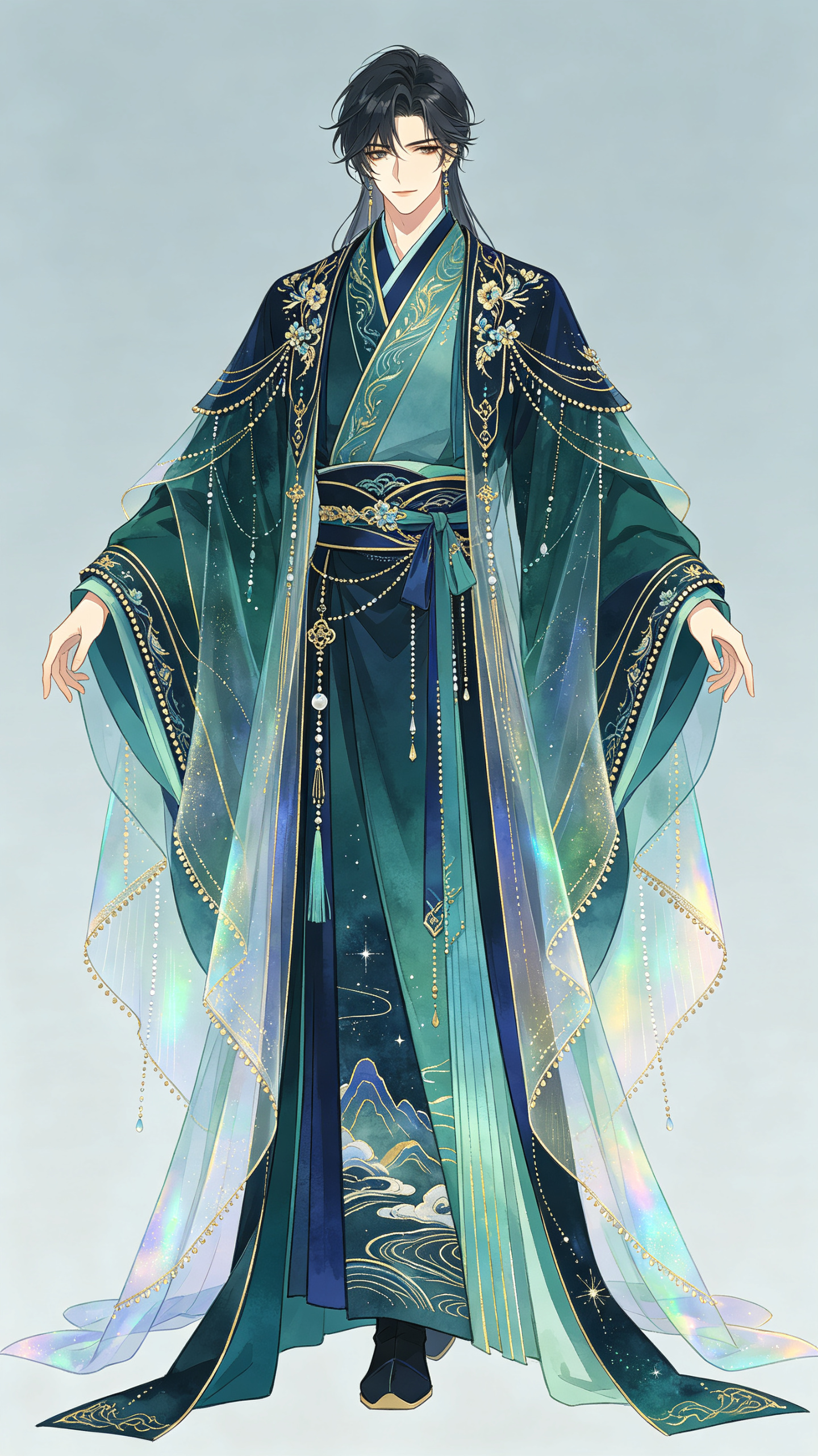二次元动漫平涂水彩服饰设计稿，只画衣服本身，不画人物，纯色浅灰蓝背景，一套古风汉服男款，交领长袍、宽袖、腰封与外层薄纱披帛结构，左右完全对称，整体气质华丽高贵、清冷仙侠感，鸦青、苍绿、青金、库金为主色，外层使用镭射网纱… - AI提示词参考图，来自西西提示词