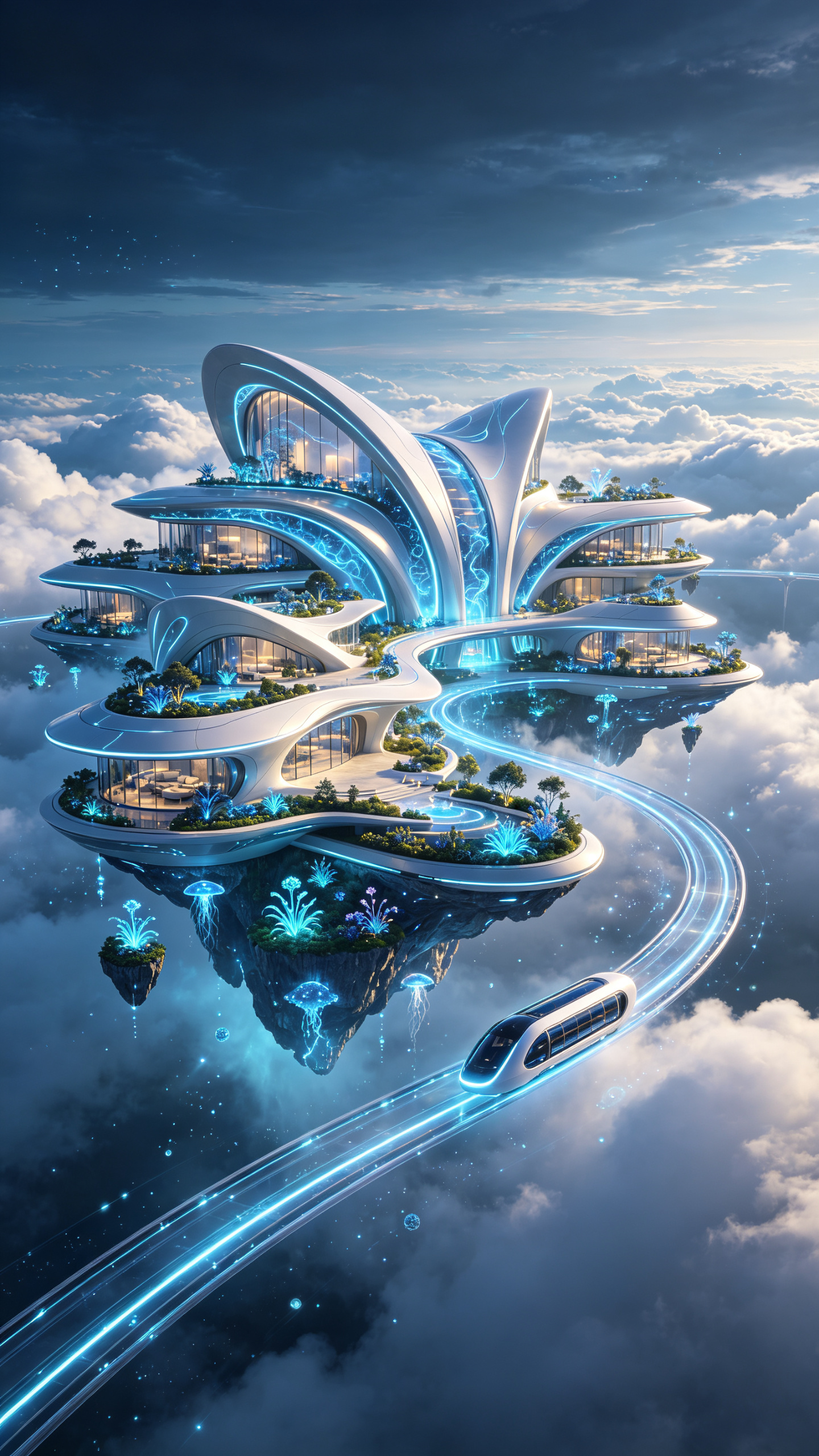 超现实主义未来科幻现代风，8K超高清，虚幻引擎5渲染，电影级画质。空中俯瞰广角镜头，宏大全景构图，极致景深。主体为悬浮于云海之上的宏伟别墅群，建筑采用生物动力学曲线设计，银白色纳米金属外墙流淌着柔和的脉冲蓝光，表面有细… - AI prompt reference from CC Prompt Galaxy
