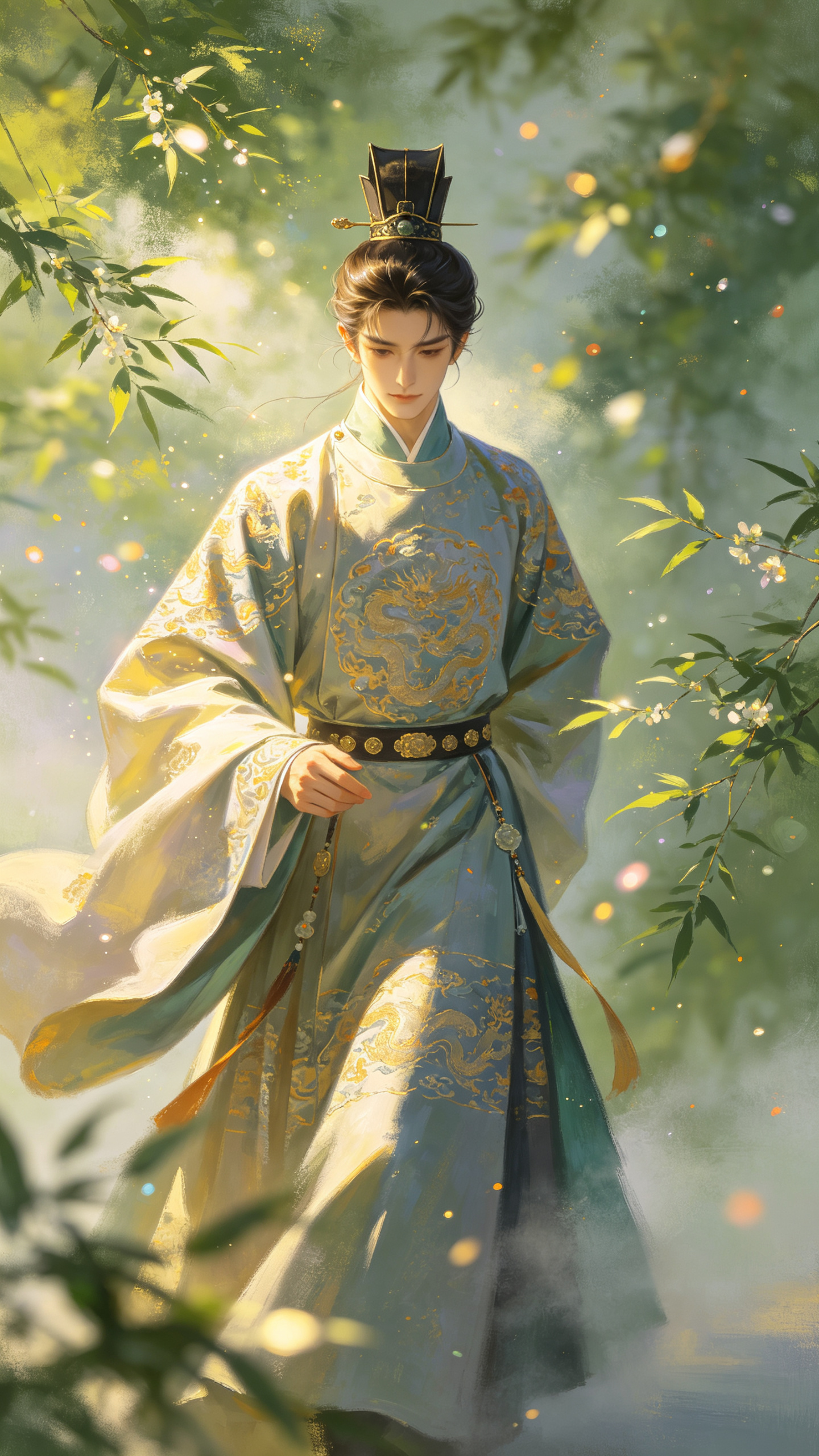 大师级极端构图，大面积留白营造意境，浅景深+背景虚化，视觉焦点锁定人物面部，重影、多重曝光叠加强化空间深度。油画国风重彩插画，融合二次元拟真、精致厚涂与唯美彩绘，兼具概念艺术、3D真实渲染特质，OC高清渲染输出。 主体… - AI提示词参考图，来自西西提示词
