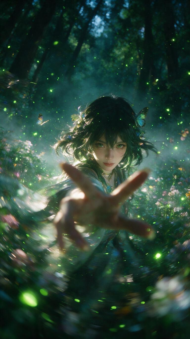 森林之夜,漫天的萤火虫闪烁着星光绿色的光,震撼、美轮美奂,梦境一般cosplay,真实人像摄影,女性人物写真,女性动漫角色,细闪粒子,人像面部聚焦,手伸向镜头突破限制,用到大张力构图,运动模糊,朦胧感+模糊感,超强模糊… - AI提示词参考图,来自西西提示词