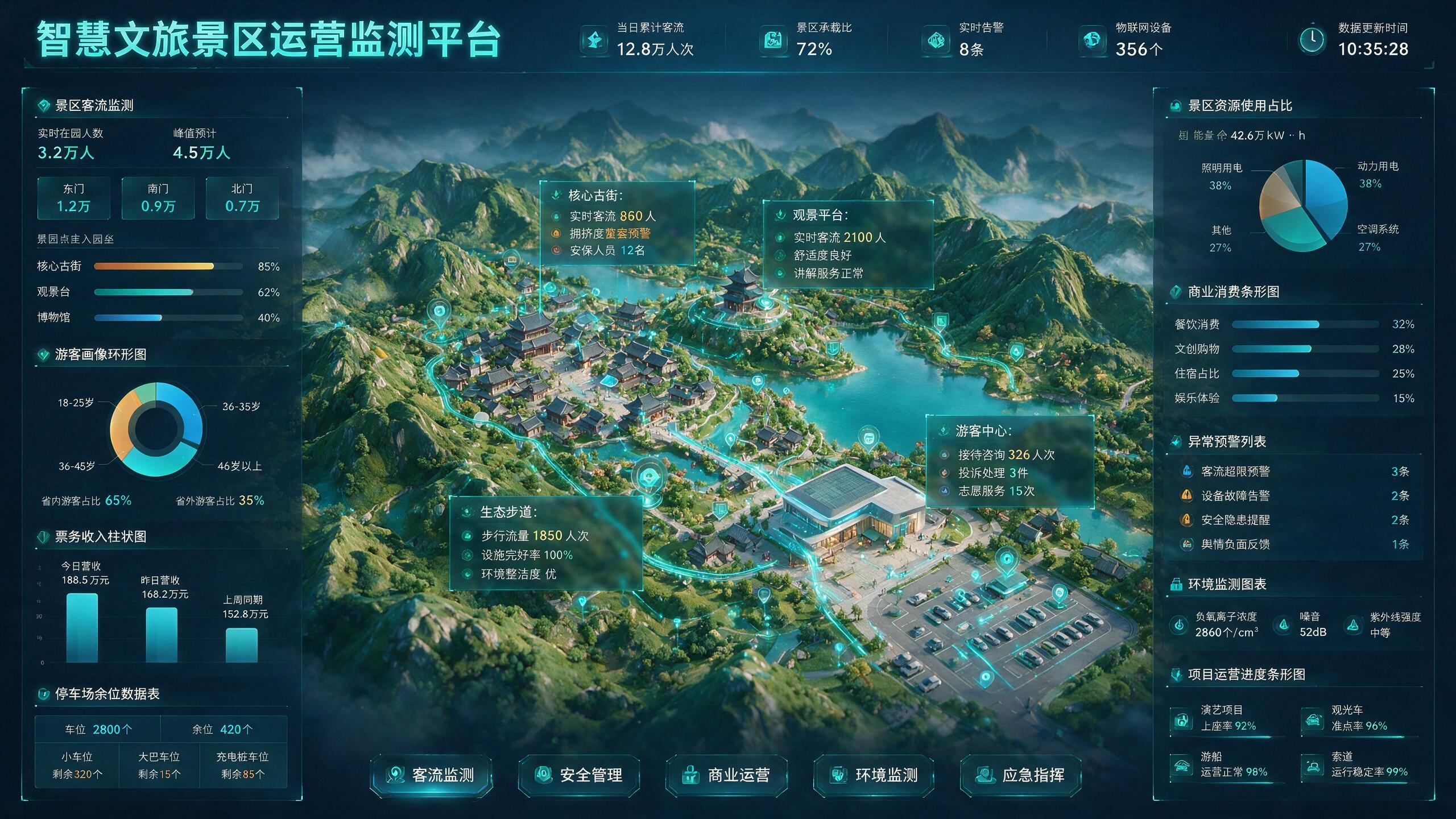 未来科技感文旅景区运营监测数据大屏，整体延续参考图的深海蓝、生态绿、青色发光UI风格，中央为高精度三维景区全域数字孪生模型，包含山川、湖泊、古建筑群、游客中心、游步道、停车场及核心景点，游览动线以发光流线贯穿全图，并分… - AI提示词参考图，来自西西提示词
