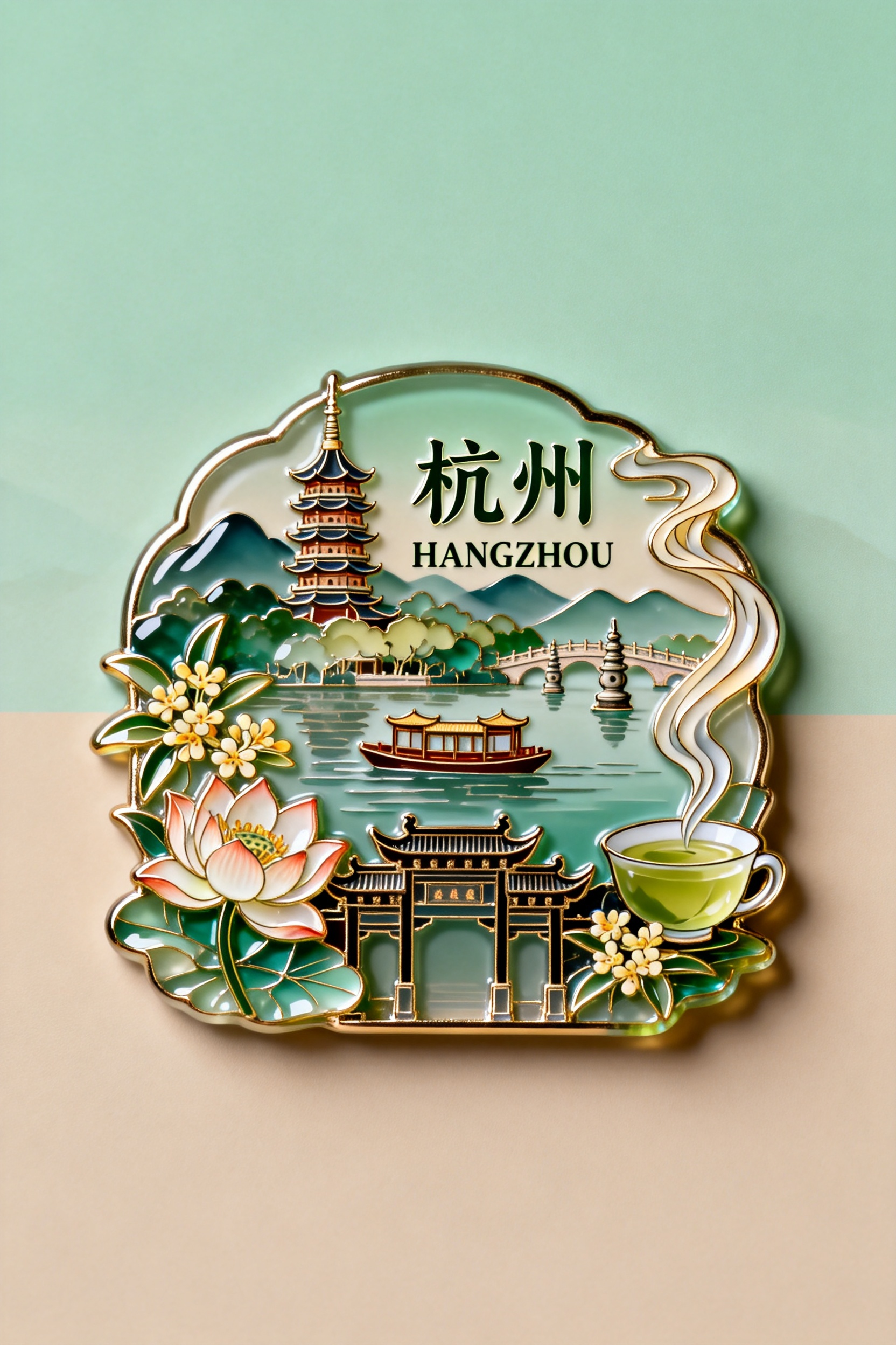 珐琅彩琉璃艺术，金属质感风格，主题为杭州，画面中央醒目书写“杭州 HANGZHOU”字样，描绘杭州标志性风景与元素。主体展现西湖景观，包括雷峰塔、断桥与三潭印月，湖面点缀古典画舫。前景融入绽放的荷花与杭州桂花元素，背景… - AI prompt reference from CC Prompt Galaxy