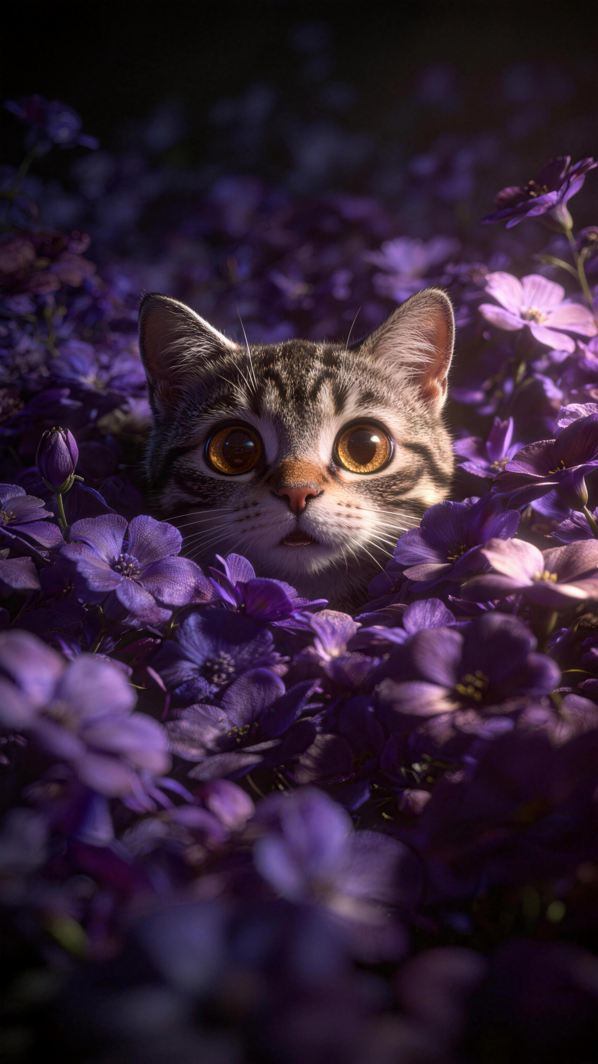 一只可爱的狸花猫，只露出脑袋，置身于深浅不一的紫色花海中，睁着大大的金棕色眼睛，表情惊讶。采用非对称艺术构图，画面充满密集分布的紫色花朵，营造梦幻治愈系壁纸风格。 视觉风格与美学： 超现实主义极繁主义风格，厚涂插画手法… - AI prompt reference from CC Prompt Galaxy