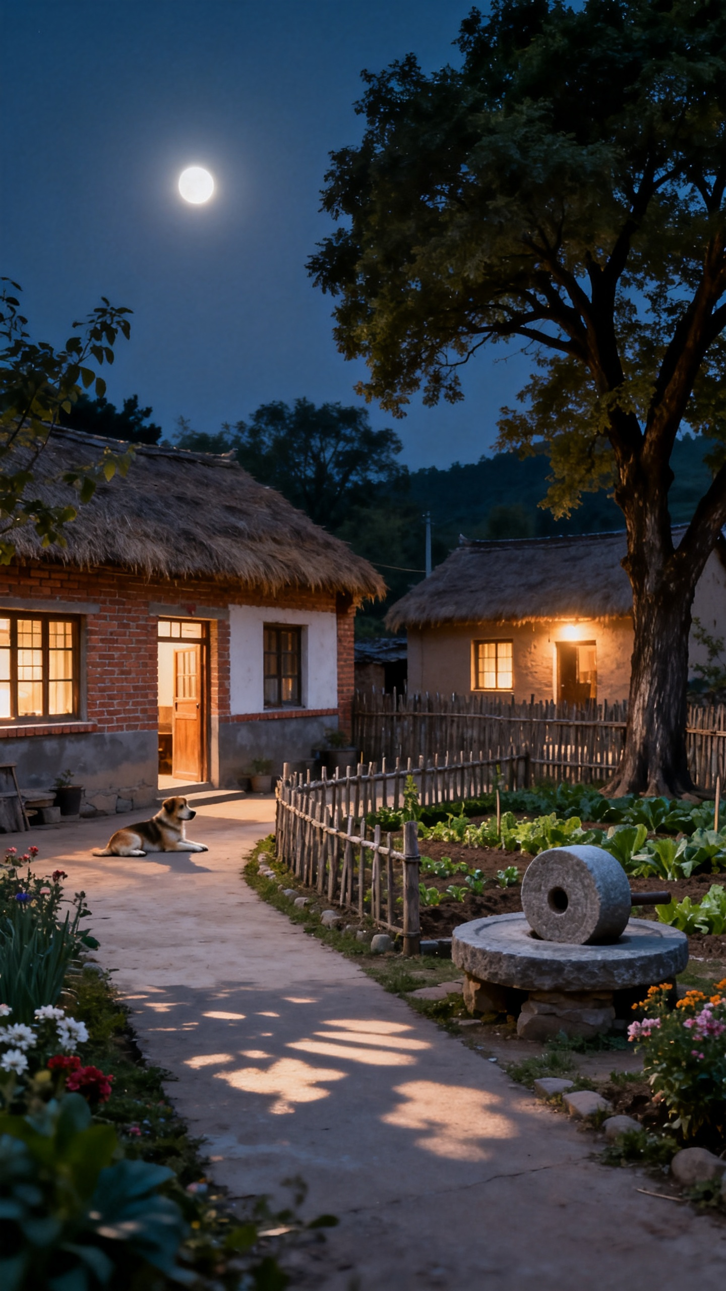 怀旧写实风格,寂静的小山村,夜晚村口场景:砖混结构茅草屋,从窗户和门口透出灯光,另外一家也亮着灯,透出亮光,一只小狗趴在身边,宽敞的篱笆院里有个小菜园,干净的小路,路边有些花草,几棵大树和石磨,月光洒在地面形成斑驳光影… - AI prompt reference from CC Prompt Galaxy