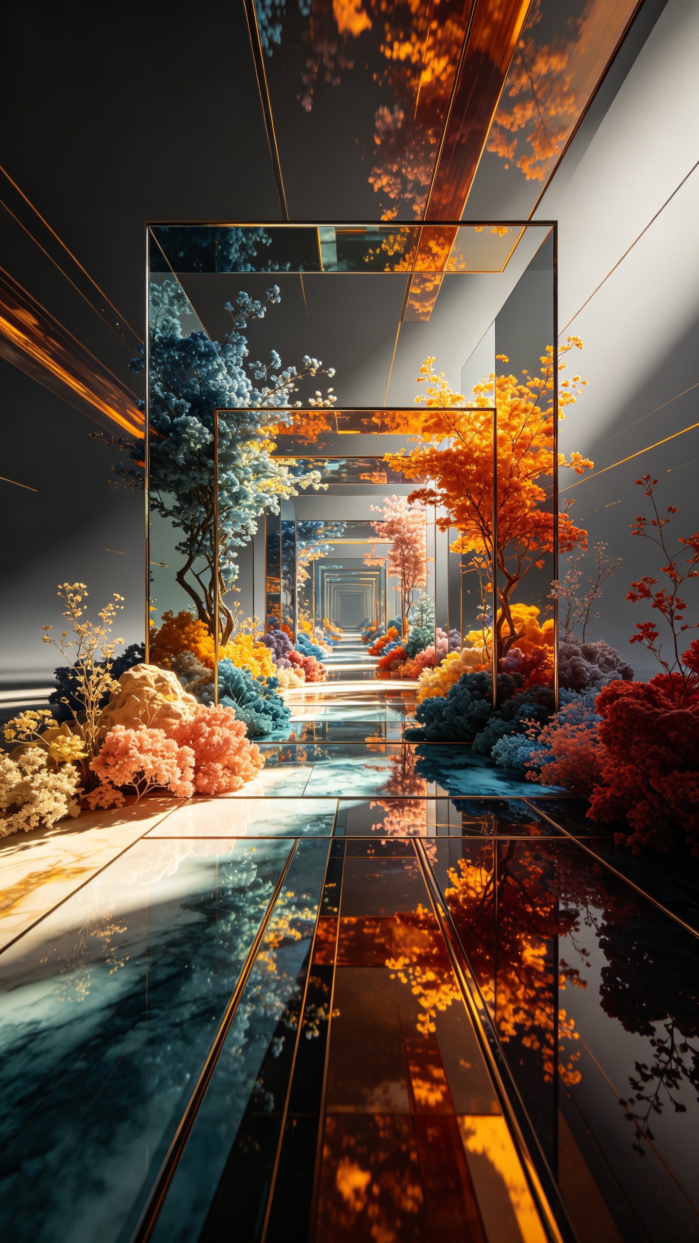 顶级科幻视觉，维度镜面叠加，画面通过细腻的丰富的色彩层次塑造主体与场景，质感真实，整体兼具艺术幻想感，反射，超广角强透视构图，细节生动完美。光影彼此交织错杂的梦幻感，明暗对比强烈，阴影过渡自然，电影级构图。2k分辨率，… - AI提示词参考图，来自西西提示词