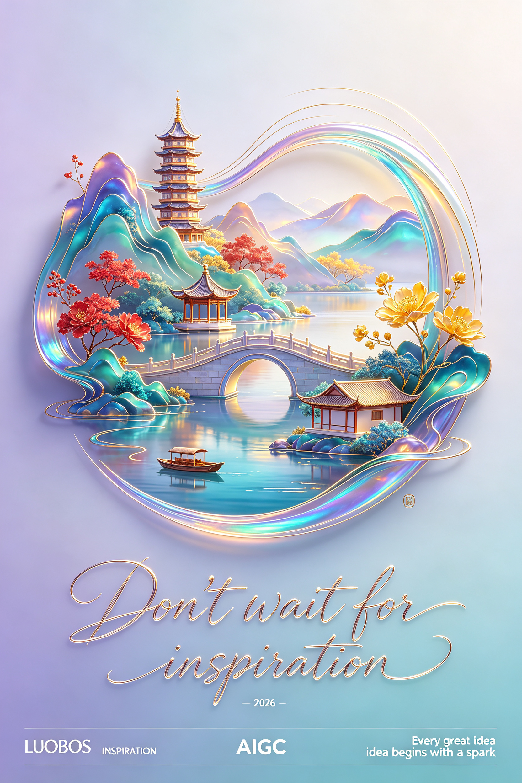 大浅紫蓝青白玉色背景，在上面矢量标志，全多色极细手写艺术曲线流畅弯桥苍劲，多层叠加山水红黄花，西湖塔，风亭，农舍，小船，西湖，线条优美，抽象，内刚外柔，金属光泽，全息3D立体多色彩绘。画面下方：主题用流动的毛笔手绘字体… - AI prompt reference from CC Prompt Galaxy