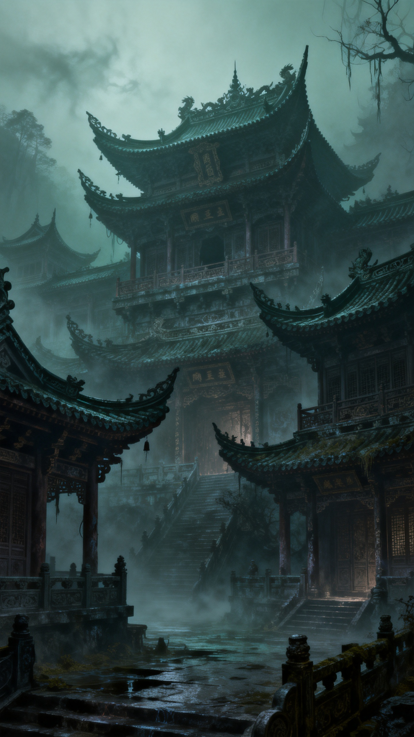 阴森神秘、弥漫着诡异气息的阎王府，坐落于中式古建筑群之中，飞檐斗拱，雕梁画栋，在朦胧的光影下散发着独特的魅力 - AI提示词参考图，来自西西提示词
