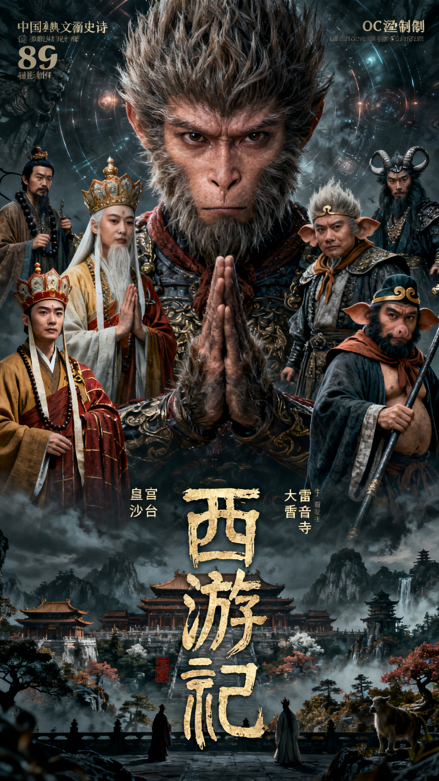 上方以孙悟空为中心特写，人物唐僧，猪八戒，沙僧，观音，白骨精牛魔王时空背景设定，人物们散状排列。下方为古篆体“西游记”字样，古装电影风格，电影海报，包含皇宫鹿台大雷音寺的风景图案，暗黑风，中国古典文学史诗，64K高清，… - AI提示词参考图，来自西西提示词